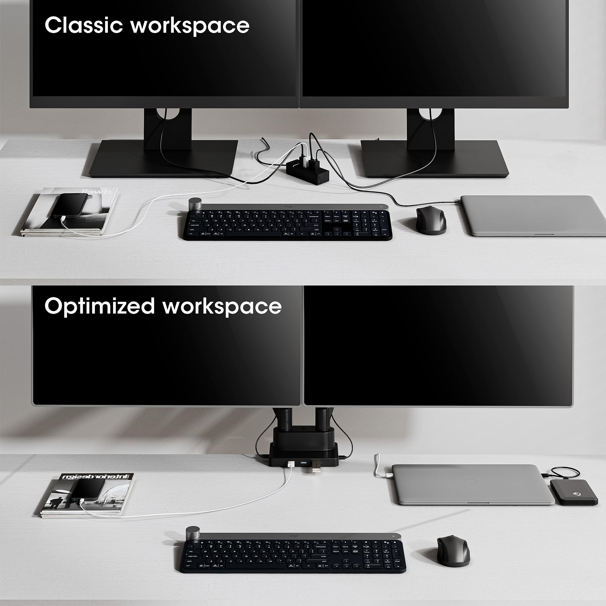 Manhattan 461887 Supporti a parete per TV 81,3 cm [32] Scrivania Nero (TV/MONITOR DESK MOUNT DUAL DOCK - -GAS DUAL 27IN ENET/HDMI/USB-A/C)