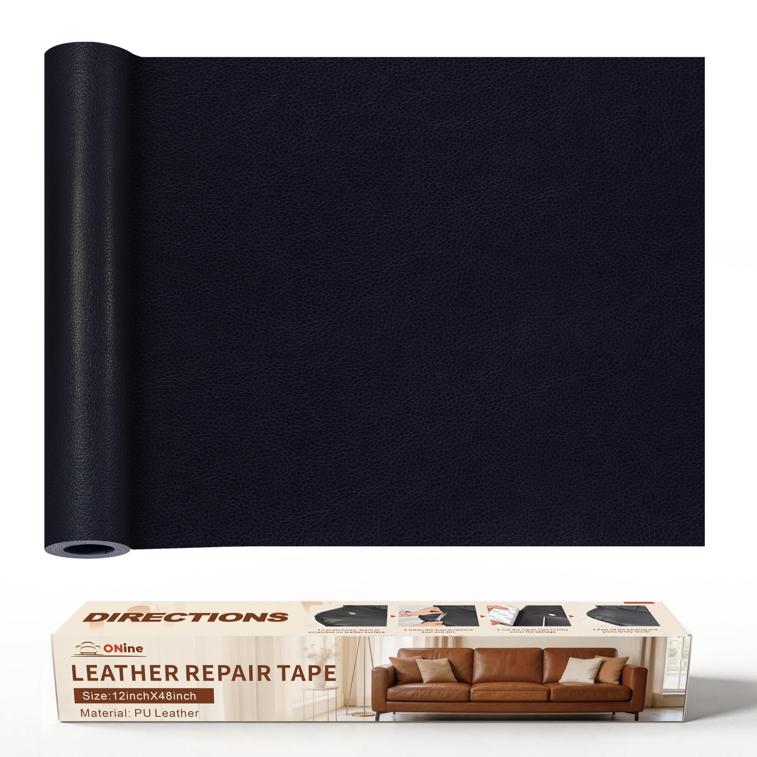 ONine Leather Repair Patch，Leather Repair Tape, 12 x 48 inches Leather Repair Patch for Furniture,Vinyl Repair Kit，Leather Couch Patch，for Sofas, Furniture, Car Seats, Office Chairs(Dark Blue Leather)