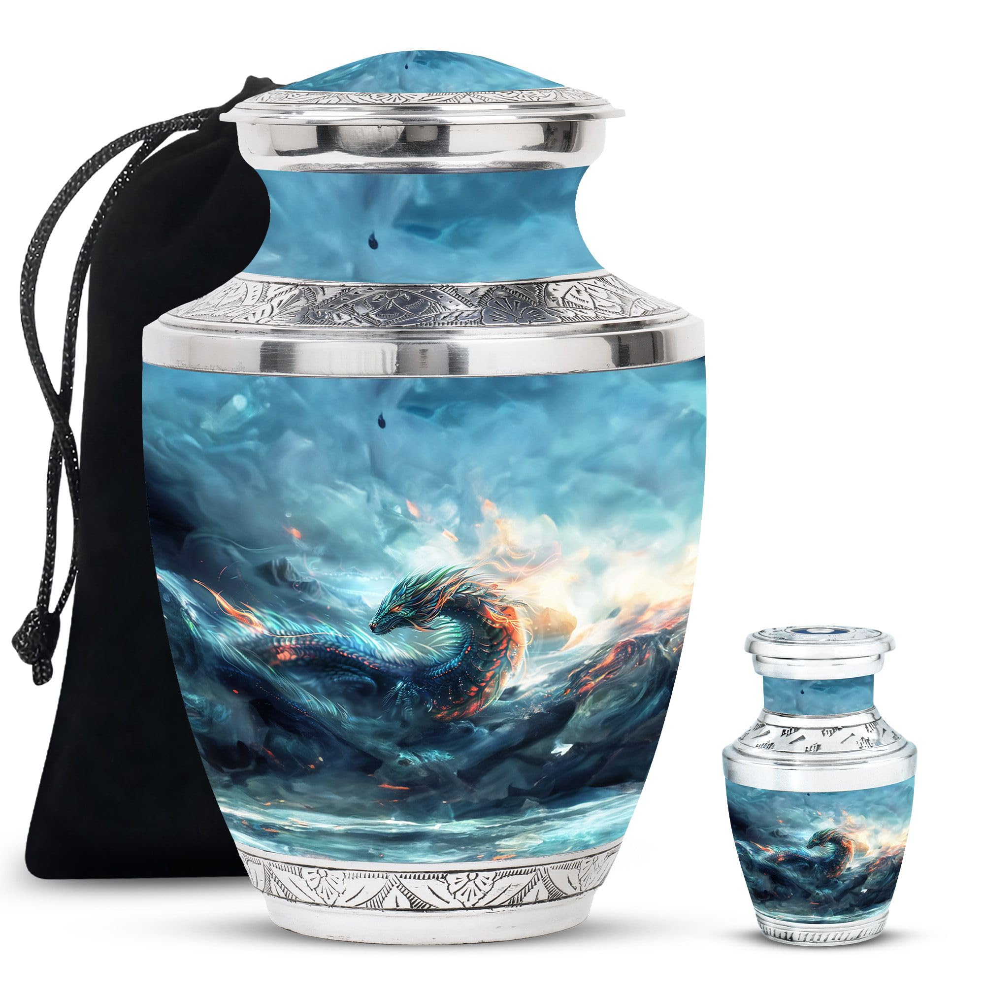 YATHABHISA Dragon Urn, Cremation Urns for Human Ashes Adult Female - Combo of 1 Large Urn with Velvet Bag and 1 Small - Cremation Ash Keepsakes - Decorative Urns for Mom & Dad - Miniature Urn, Black — image 1
