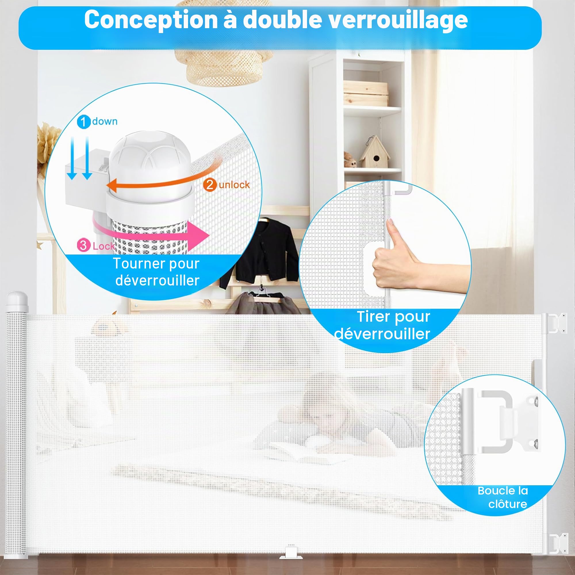 UISEBRT Grille de protection pour porte extensible UISEBRT 0-300 cm, barrière de sécurité pour chien, grille de porte pour bébés et animaux domestiques, Blanc