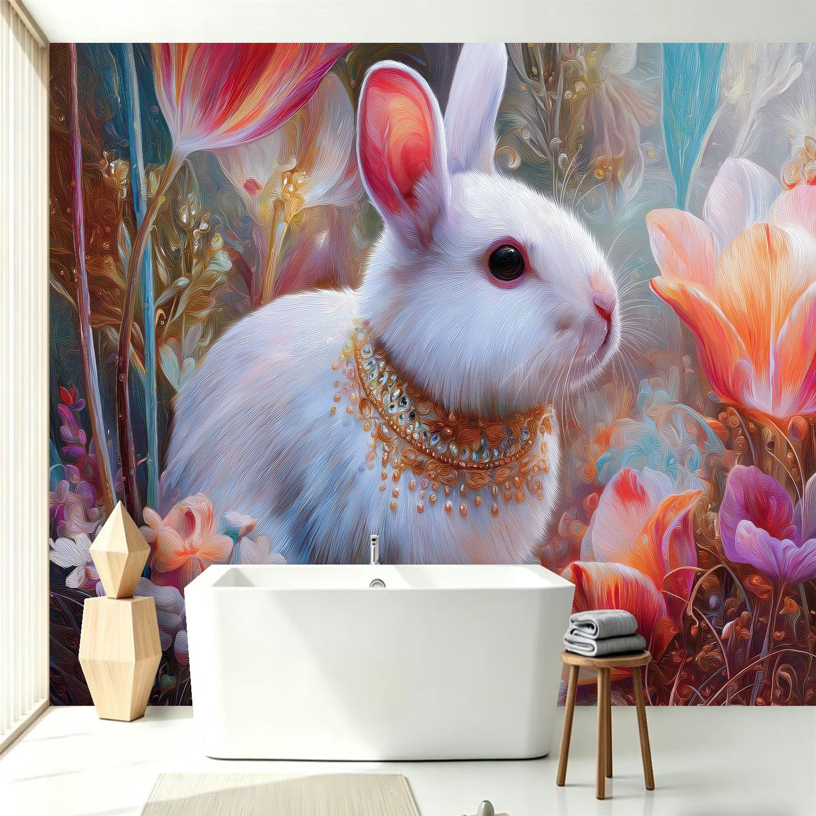 Générique Tapeta 3D z kwiatami tulipana królika 200 x 140 cm | Panoramiczna tapeta z kreskówkowymi zwierzętami | Dekoracja ścienna do salonu, sypialni, kuchni i łazienki | Plakat