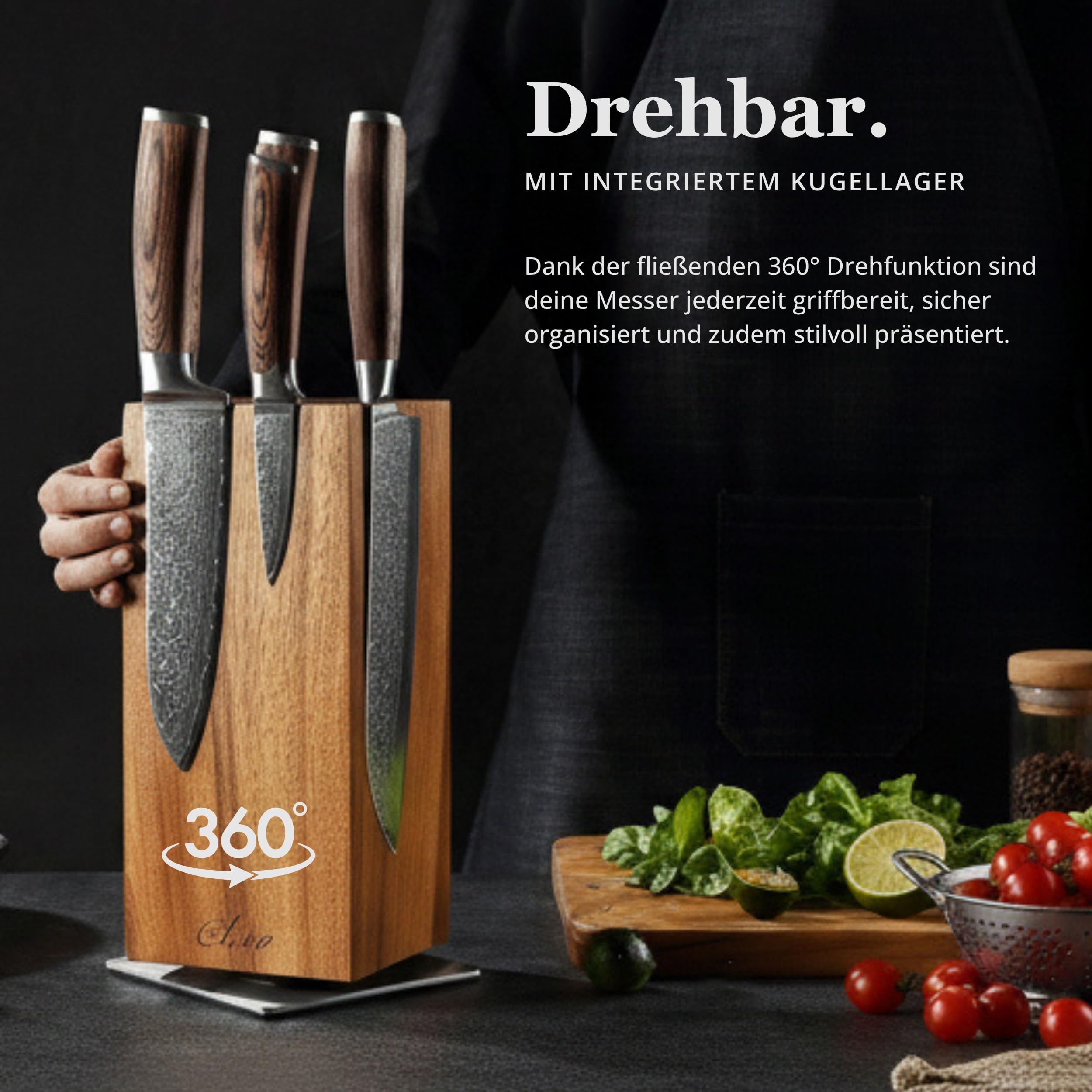 OLEIO Maestro Messerblock magnetisch 360° drehbar Messerhalter aus massivem Akazienholz mit Edelstahlbasis und Kugellager, 3 Magnetreihen pro Seite, unbestückt für bis zu 8 Messer bis 26 cm Klingen