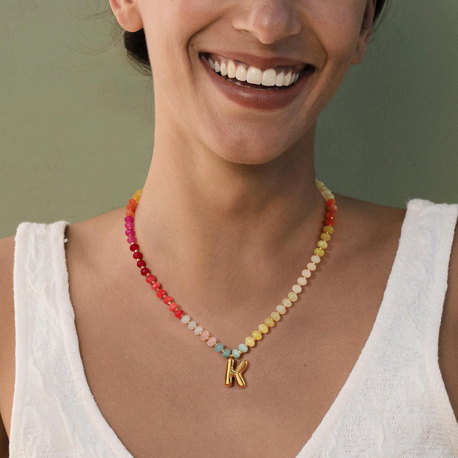 Badu Initial A-Z Colorful Beaded Gemstone Necklaces for Women 14K Gold Letter Pendant Necklace Natural Stone Summer Beach Handmade Jewelry Gift Trendy Necklaces - Image 6