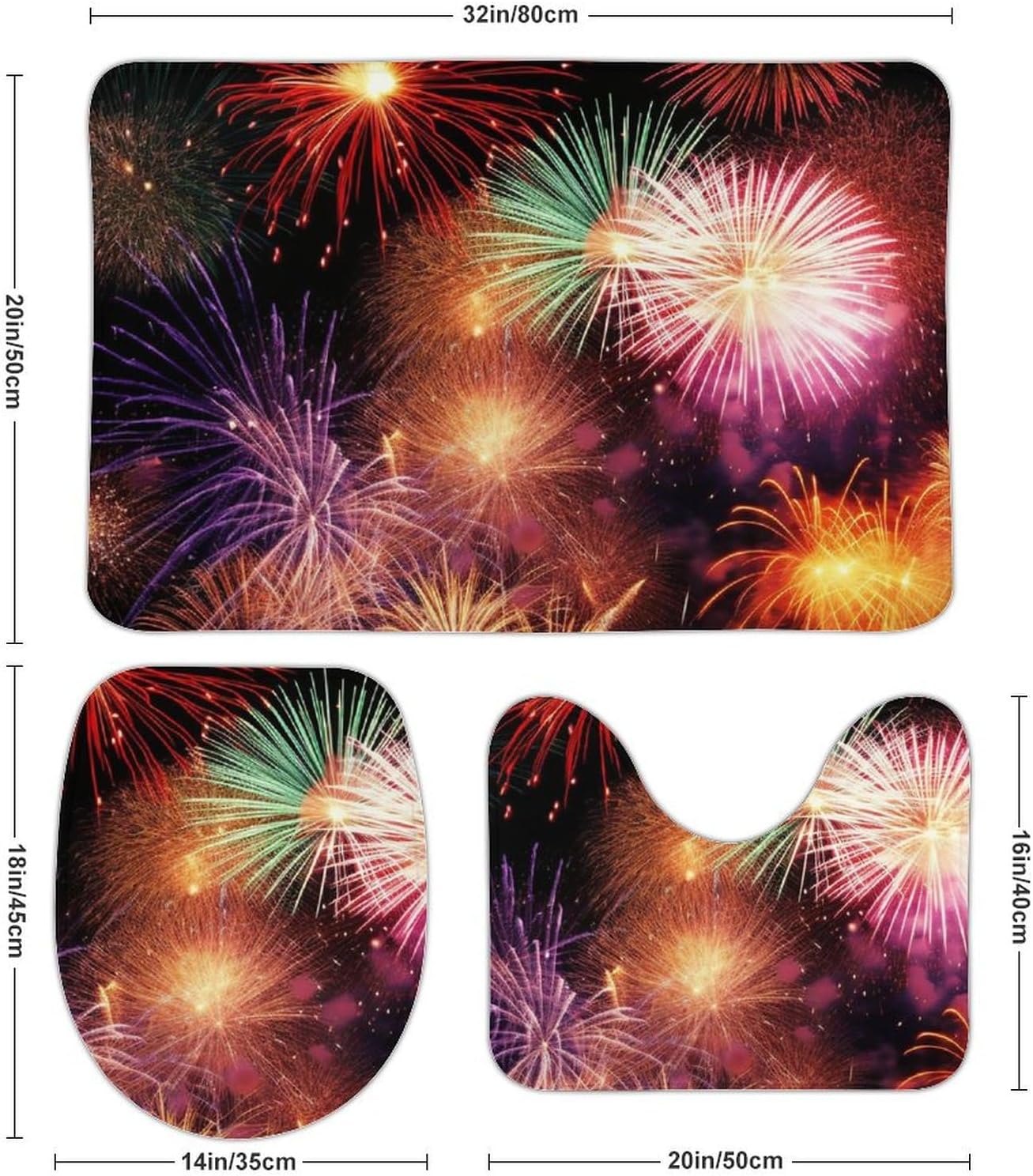 Anti-Skid Floor Mats 3 Piece Set,Beautiful Fireworks Printed Coral Fleece Bathroom Mats U-Shaped Contour Mat Toilet Seat Cover for Bathroom, Tub, Shower, Kitchen 19.7"x31.5"