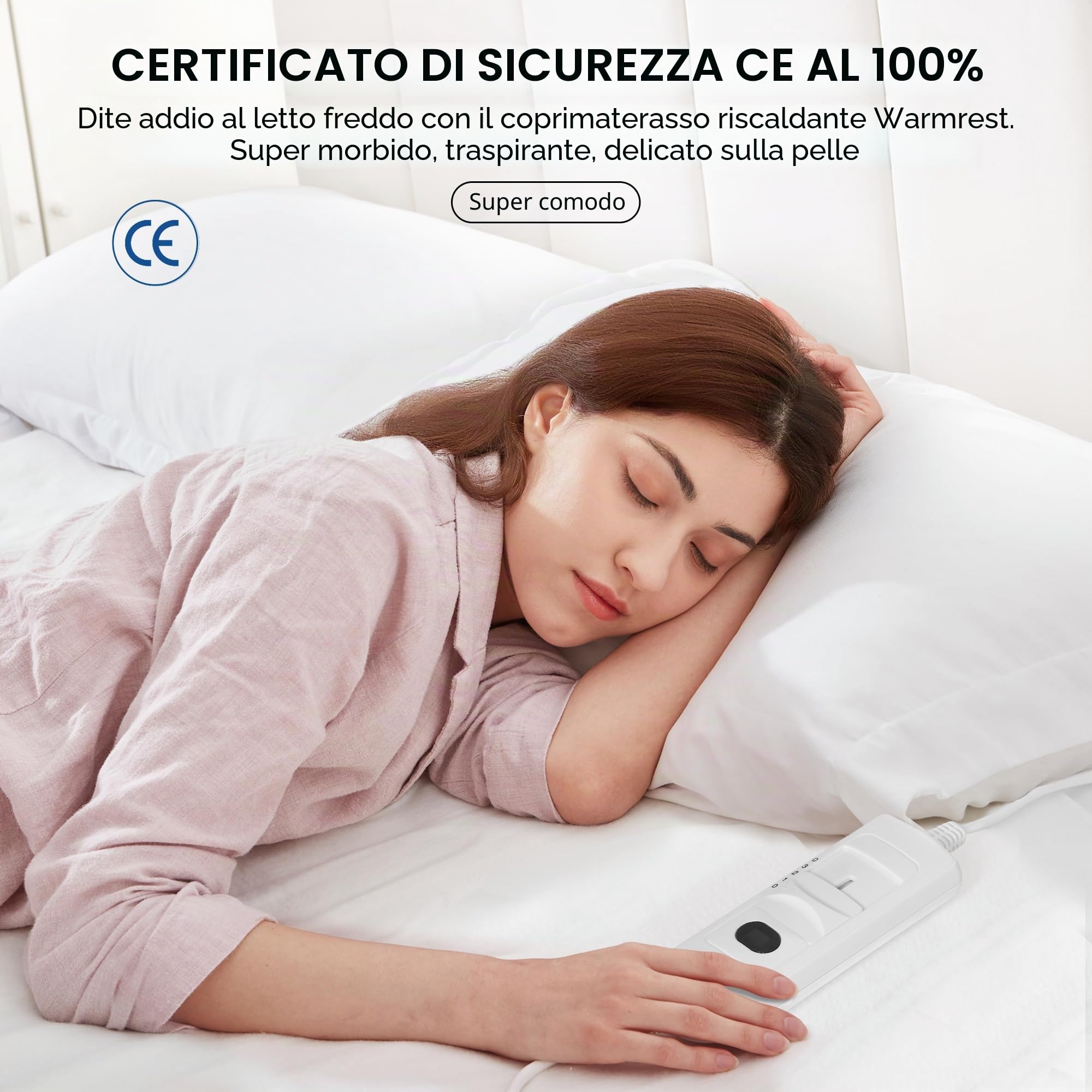 Scaldaletto Singolo 150x80 cm, Scaldaletto Elettrico Riscaldamento Rapido, Comando Rimovibile con 3 temperature, Protezione da Surriscaldamento, Tessuto Morbido, Basso Consumo Bianco