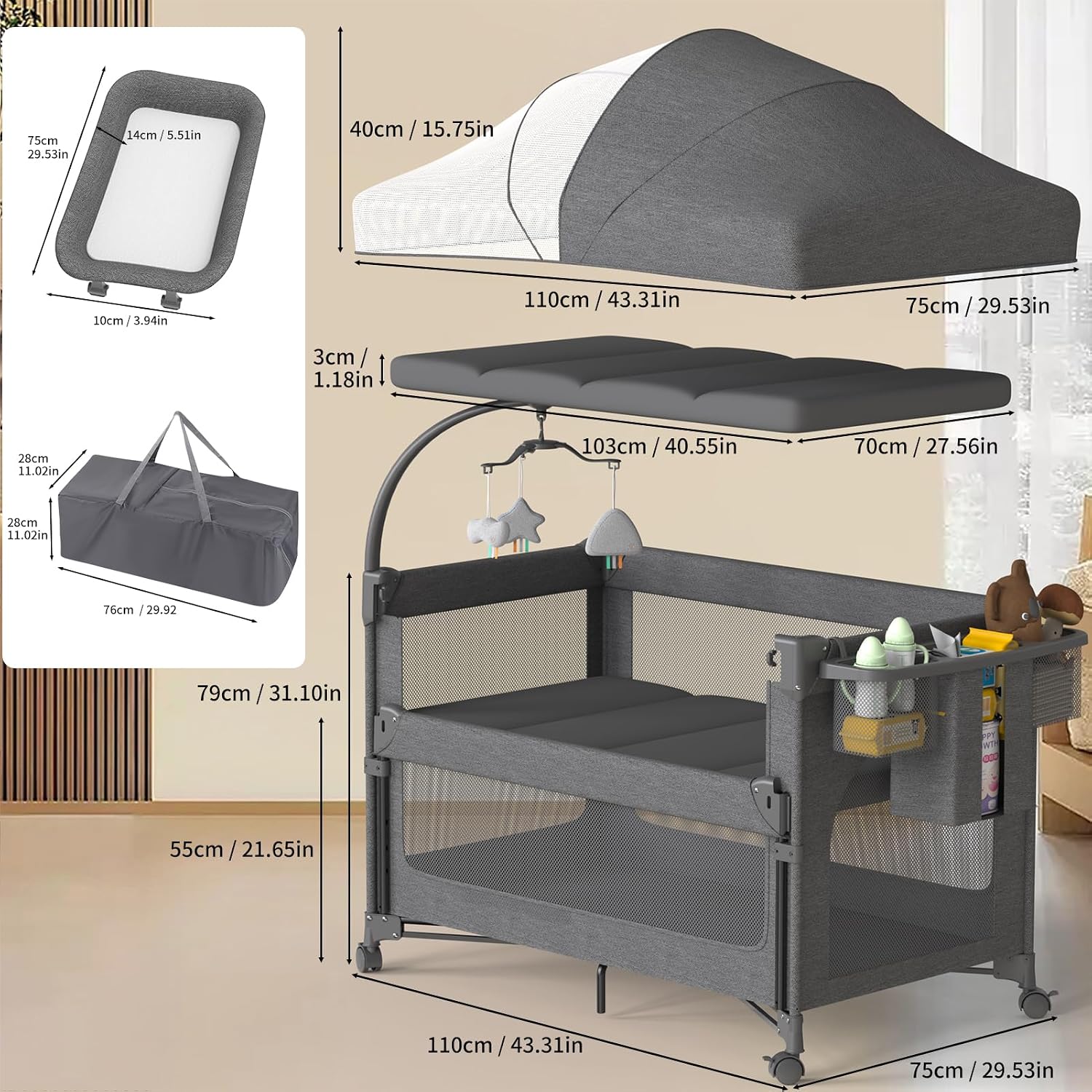 4 in 1 Baby Bassinet, Pack and Play with Mattress, Baby Crib with Wheels and Mosquito Net, Bedside Bassinet Sleeper with Changing Pad, Portable Playpen Foldable Playard for Babies and Toddlers