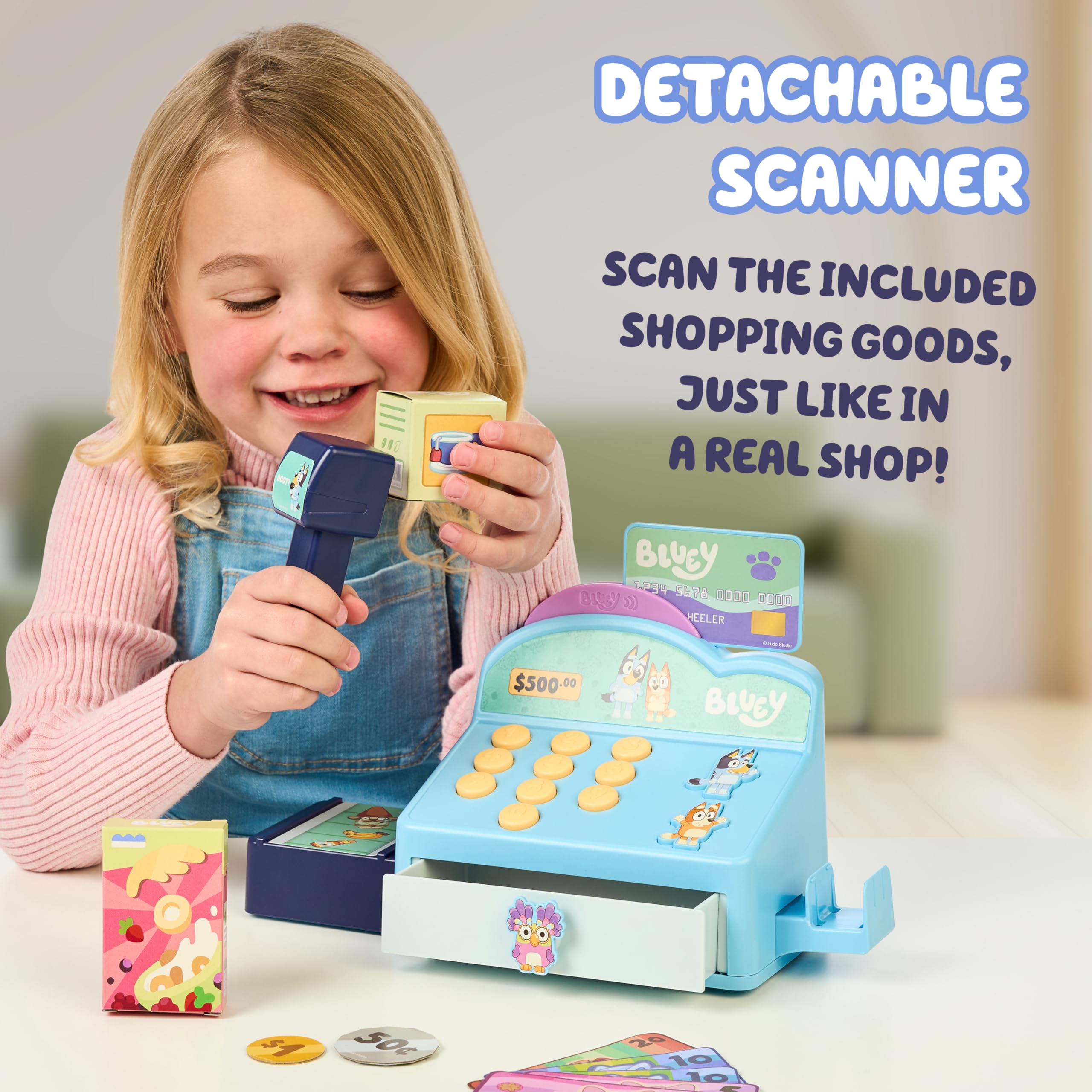 BlueY Caisse enregistreuse Les Boutons émettent des bips, des Sons et des répliques de et Bingo. Scanne des Articles comme si tu gérais Un Magasin. Contient Une Carte bancaire et de l’Argent !