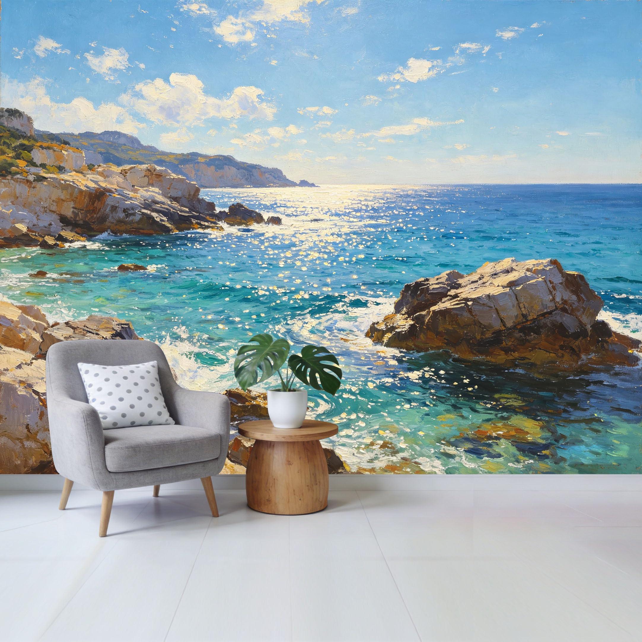 Custom Size Wall Mural Coastal Mediterranean Seascape Oil Painting Textured Blue Ocean View SelfAdhesive Wall Fabric Removable Wallpaper for Home Office Decor