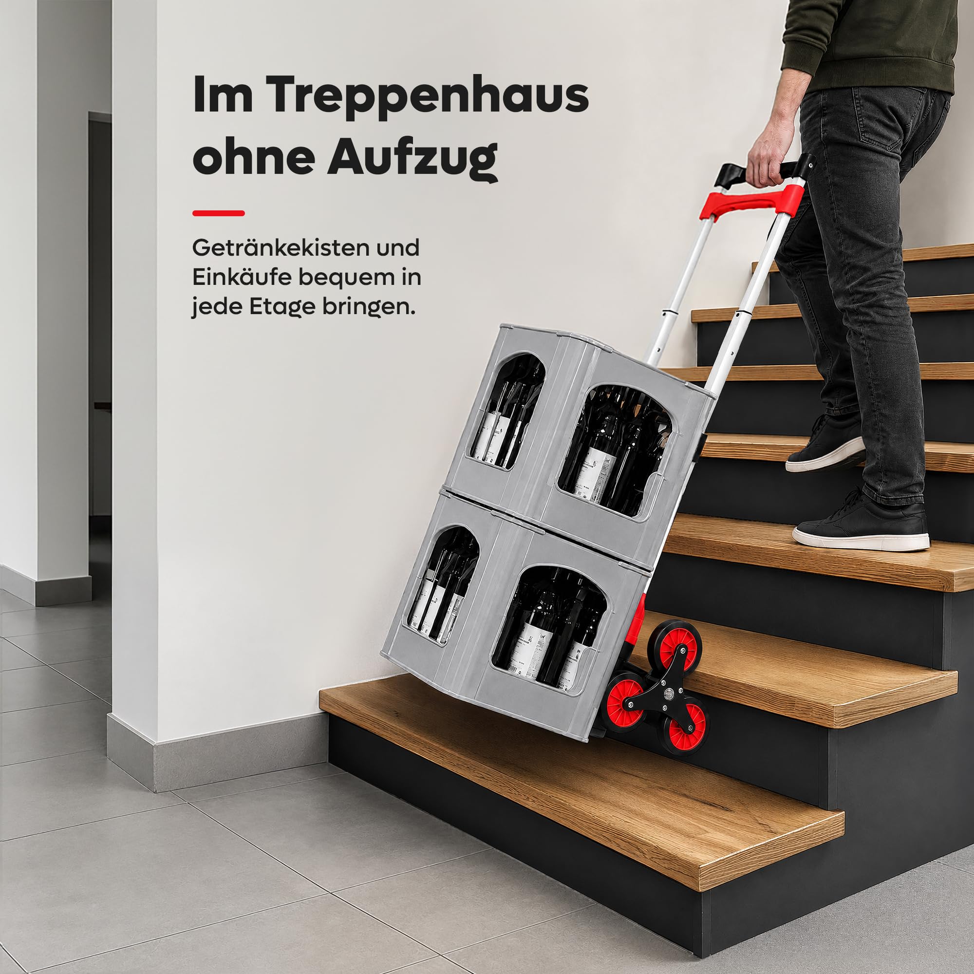 Allyson® Treppensteiger Sackkarre klappbar 6-Rad, bis 80kg (eben), Rot | Auf Treppen bis 30 kg belastbar, mit Vollgummireifen, inkl. Spanngurte & Sicherheitshandschuhe, Aluminiumrahmen, kompakt
