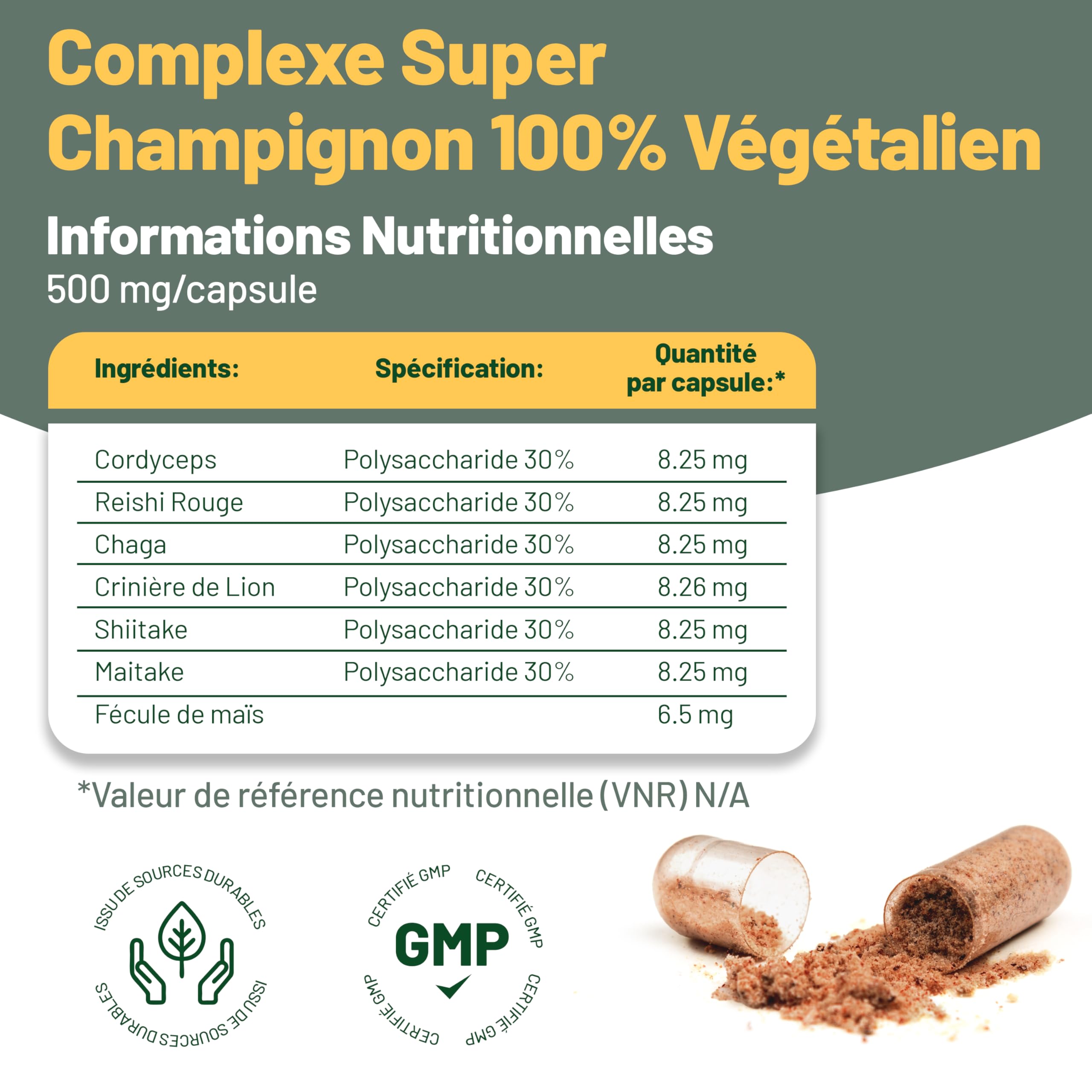 Suppléments à base de 6 champignons – Reishi, Lions Mane, Cordyceps, Chaga, Shitake and Maitake. 120 Capsules.