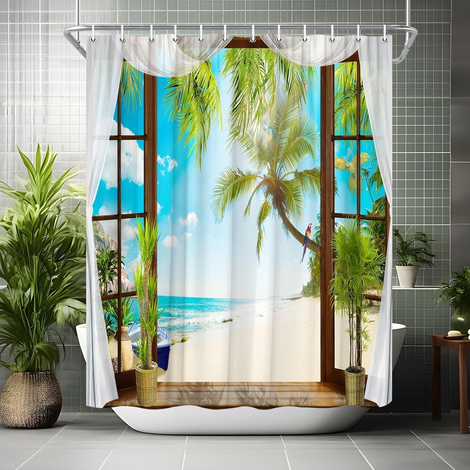 Shower Curtain Tropical Beach View Bathroom Decor Polyester Fabric with Palm Trees Turquoise Ocean Open Window Scene 12 Hooks 91x69in-230x175cm/WxH