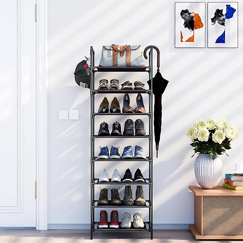 Miniatura 2 de Zapatero, organizador de zapatos de 8 niveles de alto, 16-20 pares de zapatos y botas, estante duradero de metal negro apilable con ganchos, para