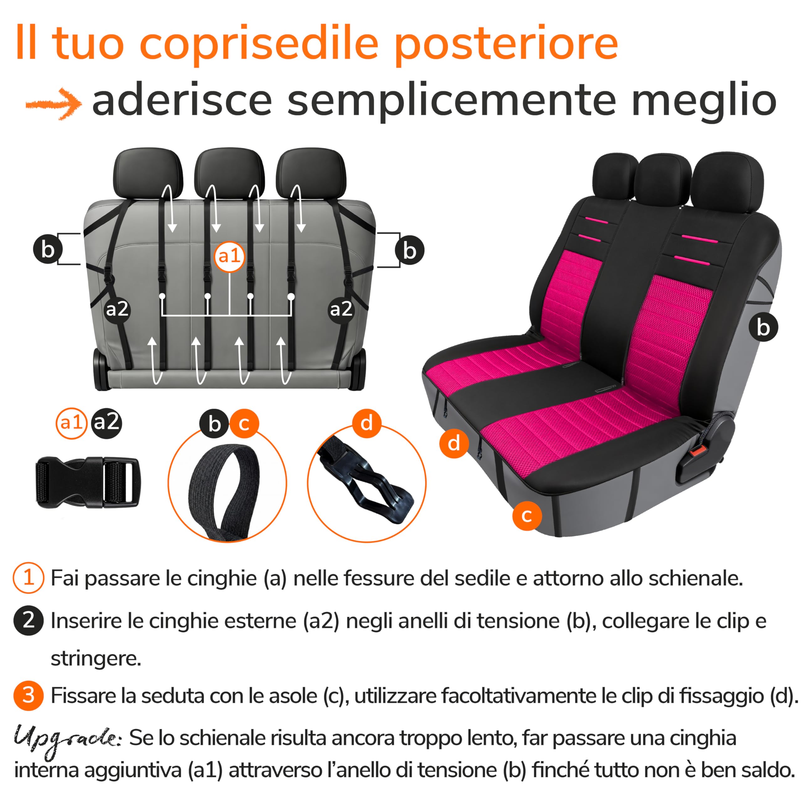 Upgrade4cars Set Coprisedili Universale Versione 2026 | Coperture per Anteriore e Sedile Posteriore in Rosa | Accessori Interno Auto Decorazione