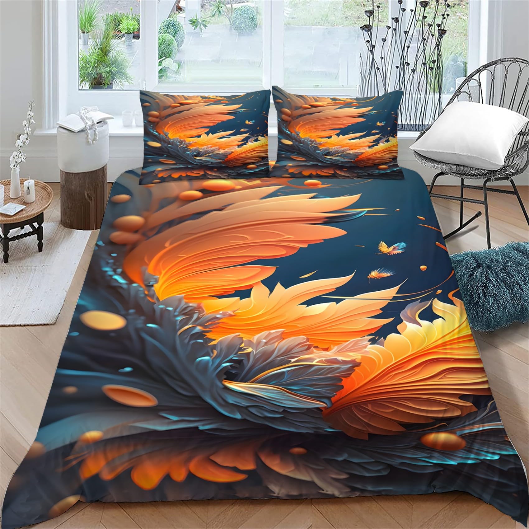 Generisch AN388 Pościel w kolorze pomarańczowych liści 155 x 220 cm, niebieskie liście, 3-częściowy zestaw pościeli z oddychającej i miękkiej mikrofibry, 2 poszewki na poduszki z zamkiem błyskawicznym