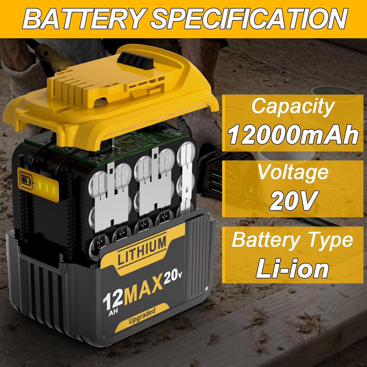 2 Packs 12.0Ah Battery Replacement for Dewalt 20V Max Battery Lithium Ion Compatible with 20 Volt Batteries Cordless Power Tools DCB200 DCB206 DCB204 DCB203 Series
