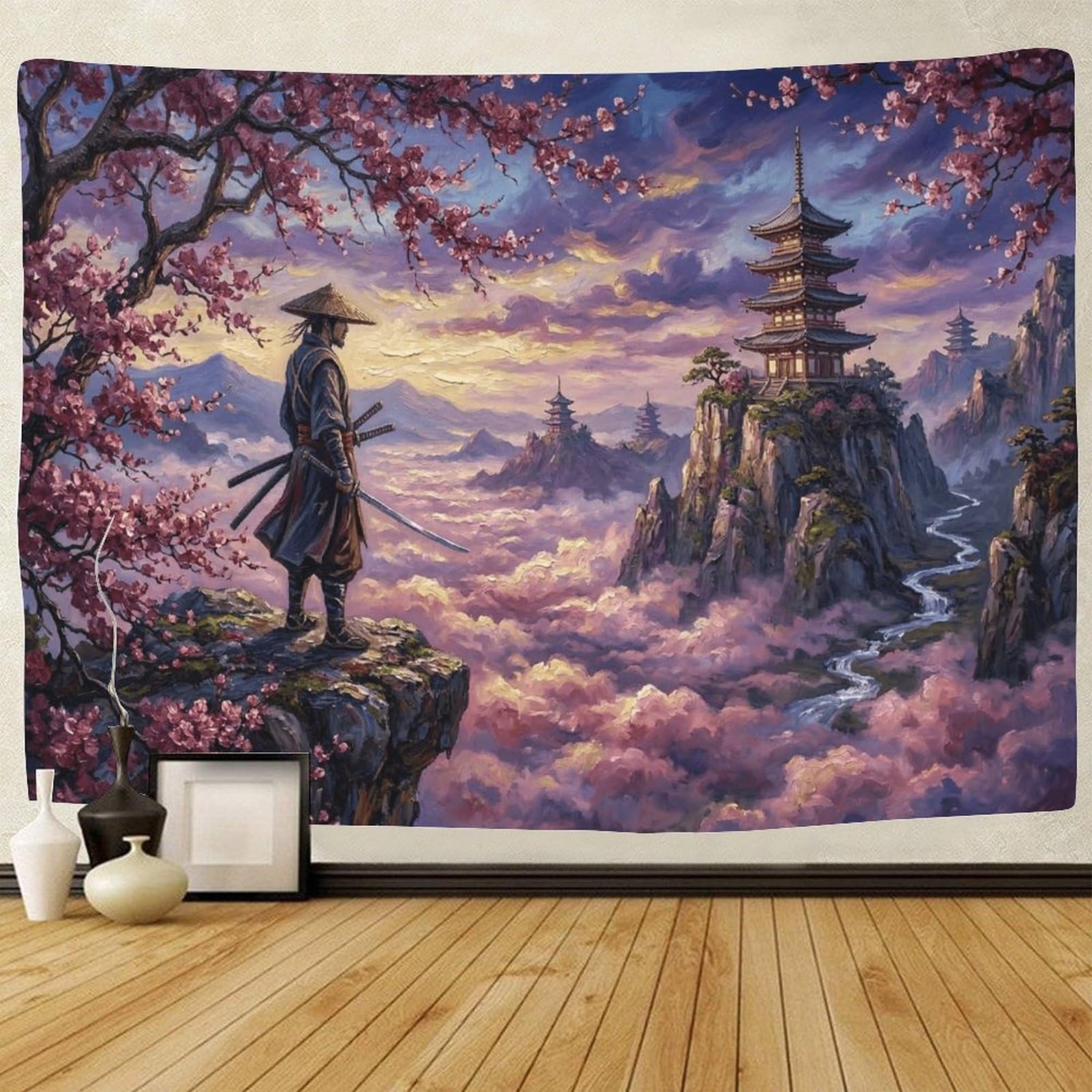 GPMNBCXZK Japanese Samurai Wall Tapestry Mountain Landscape Art Cherry Blossom 3D Printed Decor for Bedroom Living Room 100cmx150cm