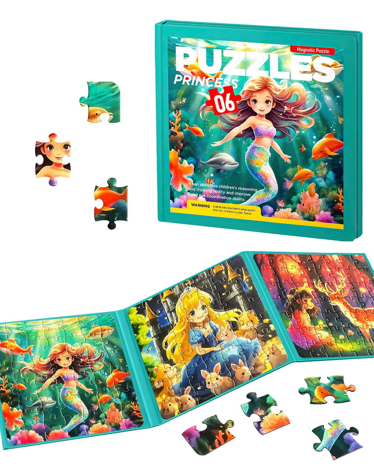 Magnetic Puzzles for Toddlers 4-6 Girls, Mermaid Princess Travel Puzzles for Kids Ages 3-5, 3 in 1 Dinosaurs Magnet Jigsaw Puzzle Book, Preschool