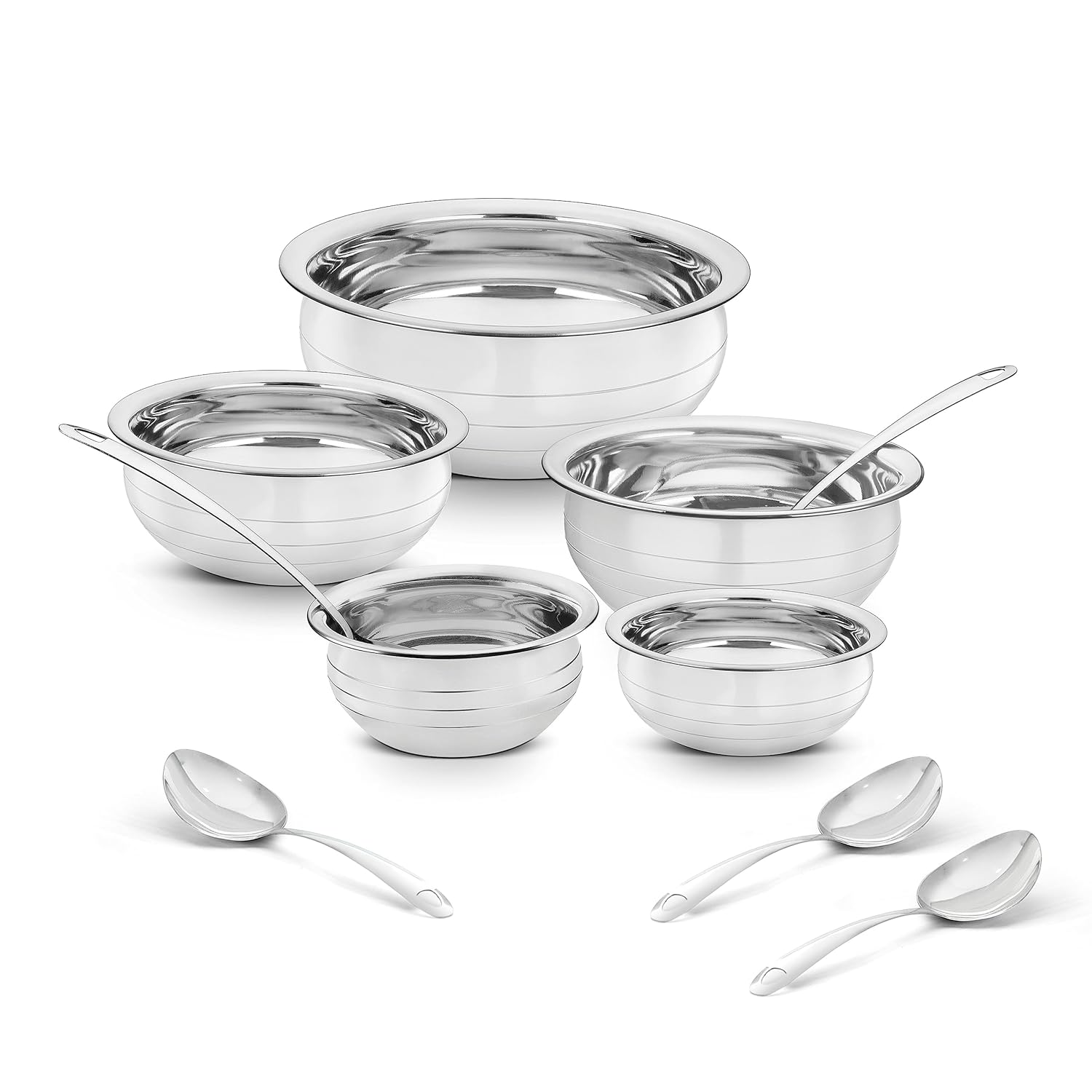 CLASSIC ESSENTIALS Stainless Steel Handi/Patila/Bhagona/Biryani Cook&Serve Handi Induction Bottom Cookware Set,300Ml,550Ml,750Ml,1100,1500Ml (White),4200 Milliliter,Polished CLASSIC ESSENTIALS Stainless Steel Handi/Patila/Bhagona/Biryani Cook&Serve Handi Induction Bottom Cookware Set,300Ml,550Ml,750Ml,1100,1500Ml (White),4200 Milliliter,Polished