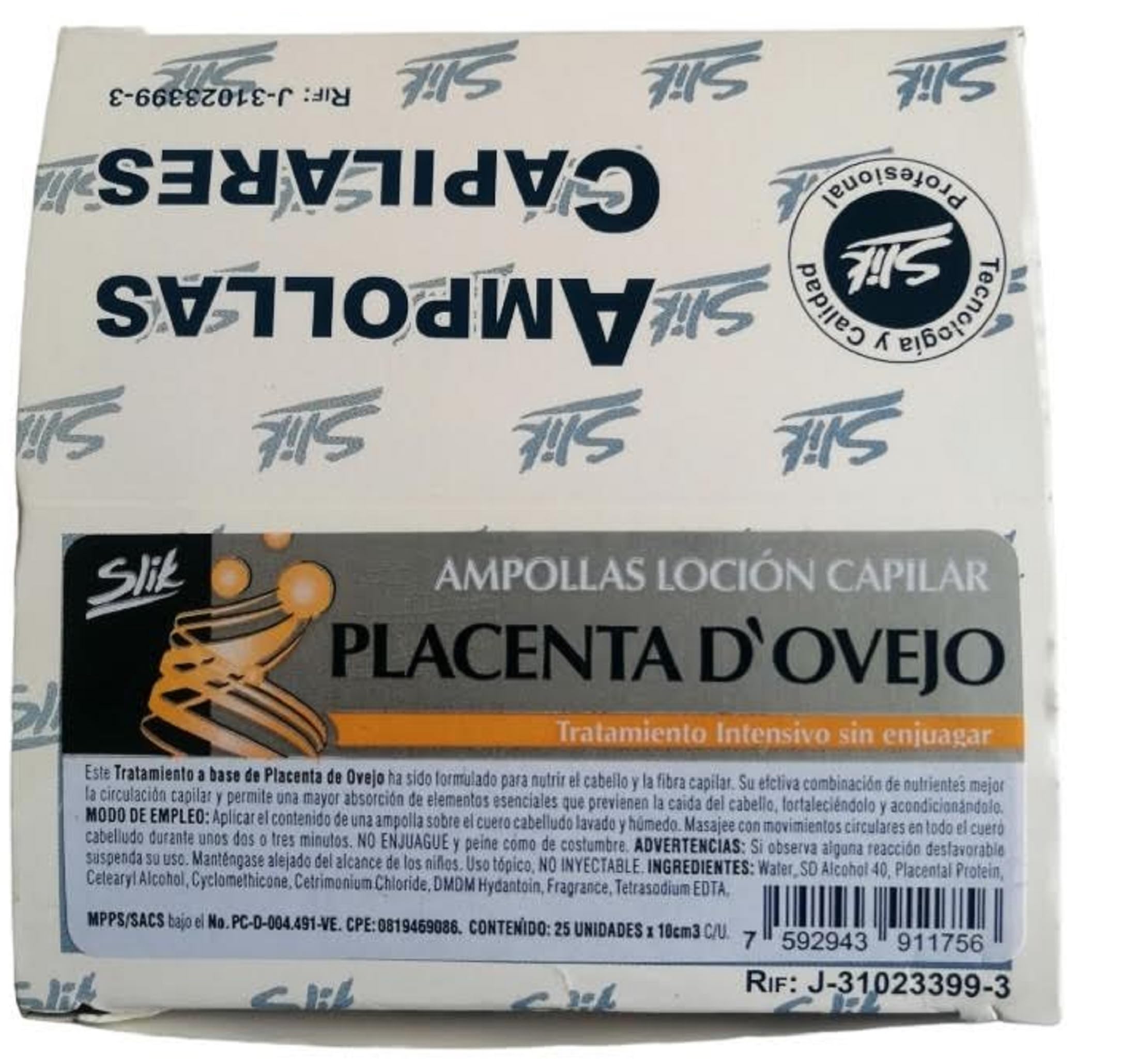 Slik Ampollas Capilares Placenta de Ovejo. Diseñada para nutrir y fortalecer la fibra capilar es recomendable para personas con cabellos muy frágiles o escasos. Incluye 25 ampollas de 10 cm³ cada una