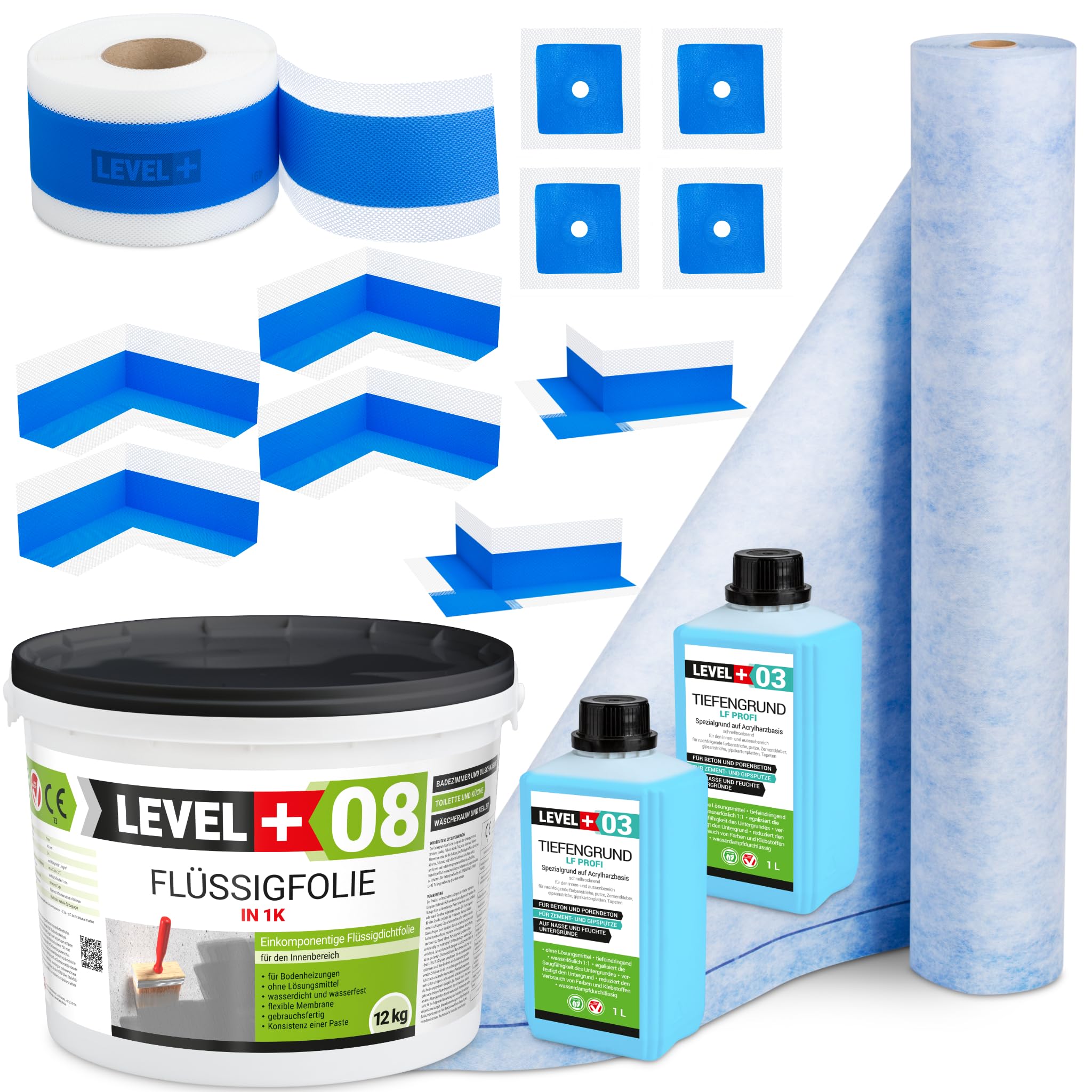 Juego de juntas de 12 kg de película líquida, 2 m2, cinta de sellado de 20 m, 4 esquinas interiores, 2 esquinas exteriores, 4 manguitos de pared, 2 l de profundidad, ducha, baño, cocina SET341