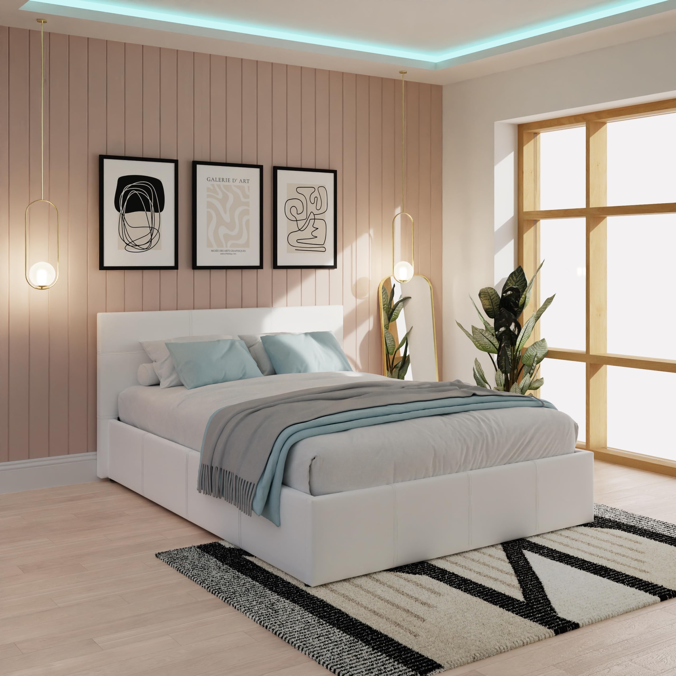 GFW Classic Leather Upholstered Ottoman Storage Bed With Gas End Lift & Under Bed Storage, Double, Faux Leather, White