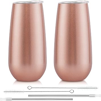 2 Pack Stemless Champagne Tumblers, 6 Oz Insulated Flute Tumbler, Double Insulated Unbreakable Glasses for Friends Birthday Christmas Wedding Rose Gold