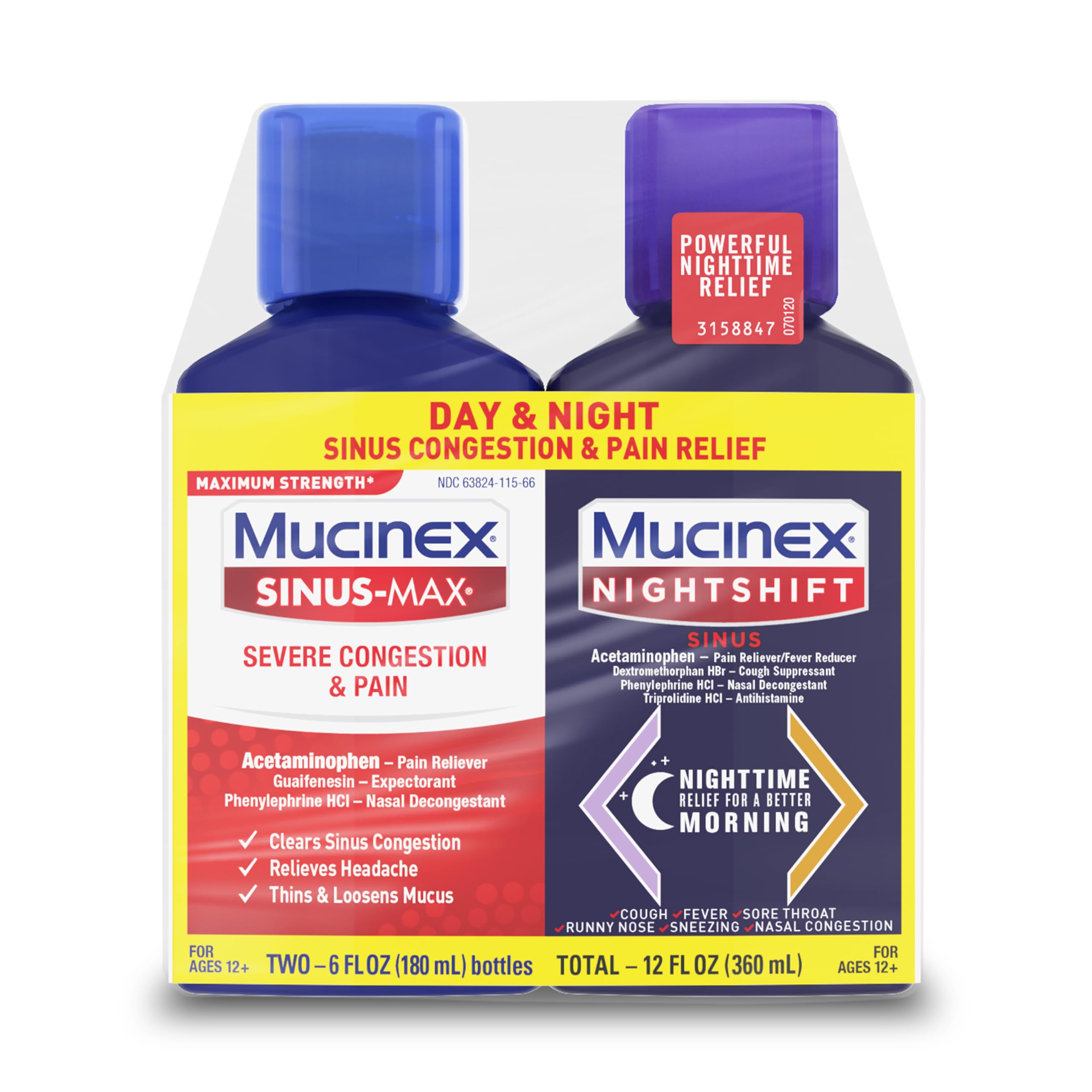 MucinexMaximum Strength Sinus-Max Severe Congestion & Pain & Nightshift Sinus Liquid, 6 Fl Oz (Pack of 2)