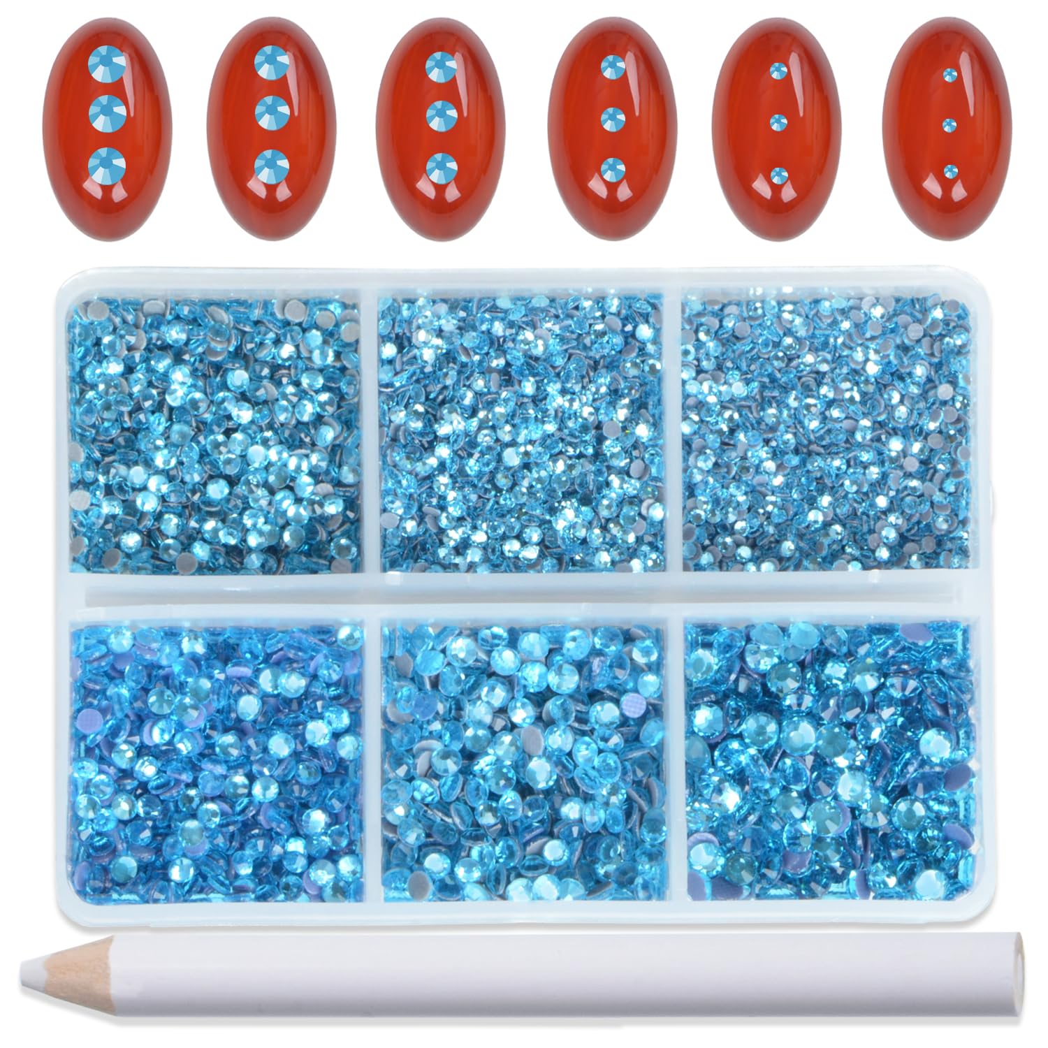 Bymitel Hotfix Crystal Rhinestones Round Gems for Crafts,Mixed 6 Sizes with Wax Pencil Kit, Aquamarine1.3-3.2mm(SS3-SS12/8000pcs)