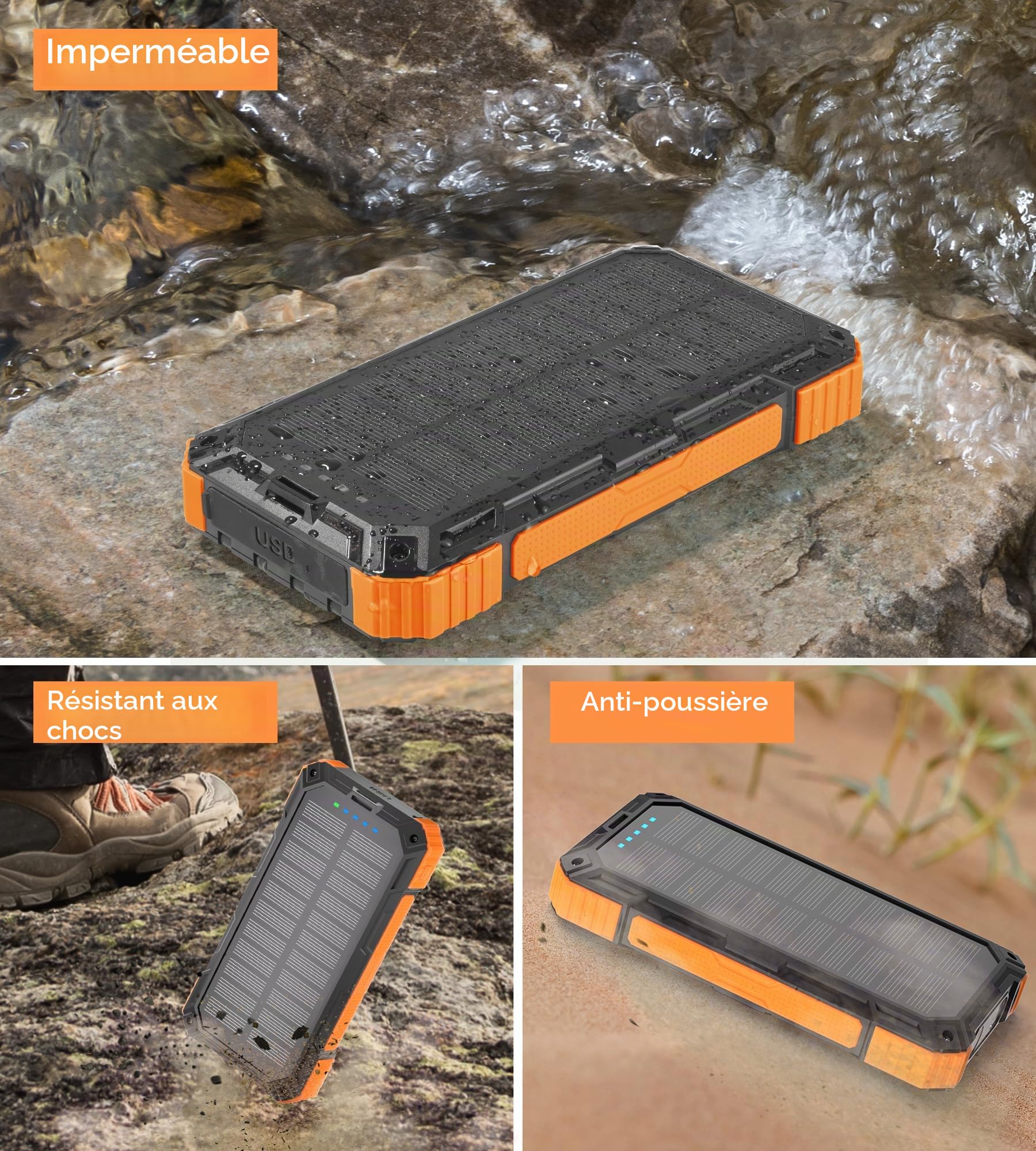 56800mAh Power Bank: Solare Wireless Power Bank 30W Ricarica Rapida, Caricatore Portatile Con 4 Cavi Integrati, 6 Uscite, Torcia, Powerbank per Campeggio, Cellulare, Tablet (Orange)