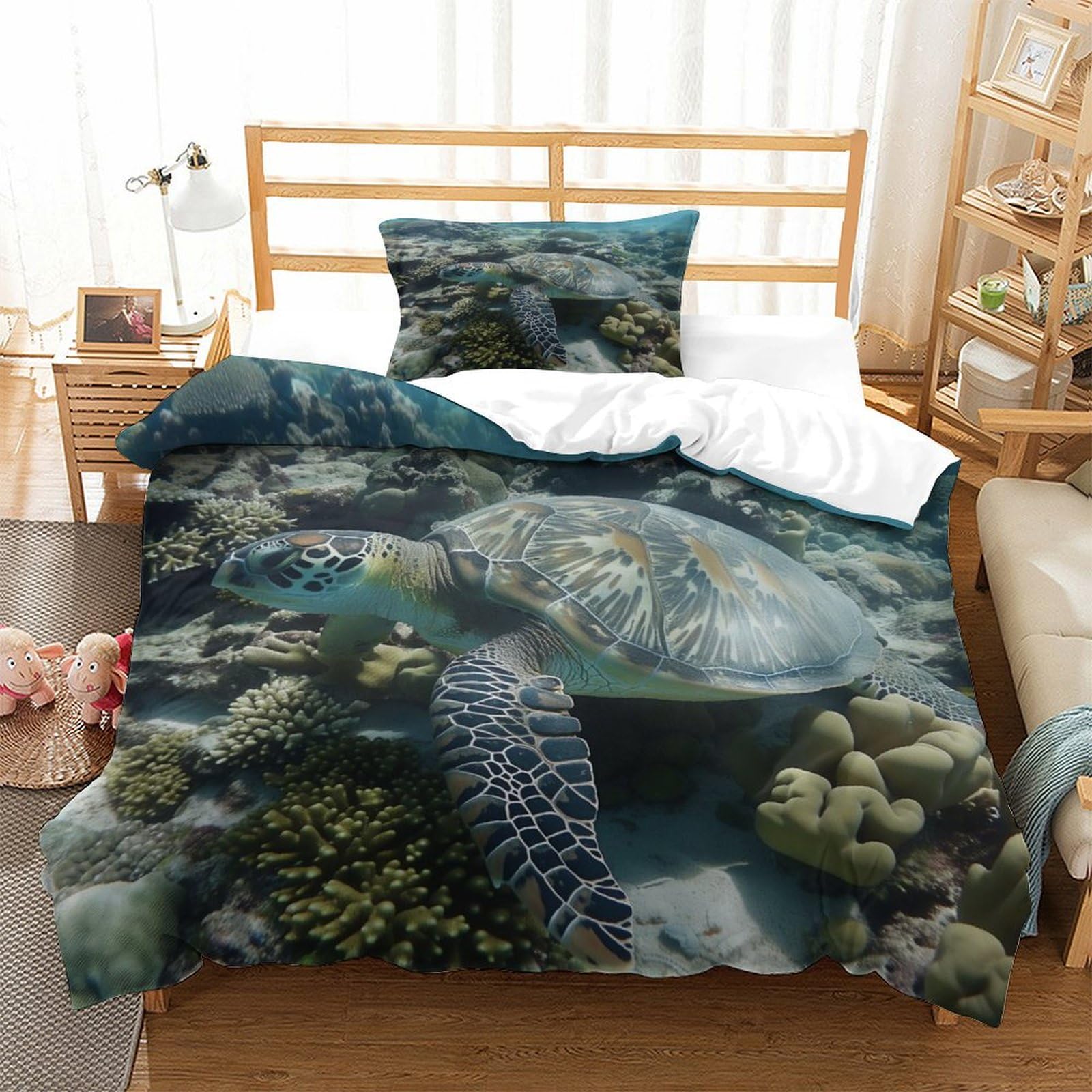 P1s9u7w5y Sea Turtle 3D Printed Turtle Coral Duvet Cover Set 3Pcs Microfiber Ocean Animal Bedding Set Single（135X200cm）