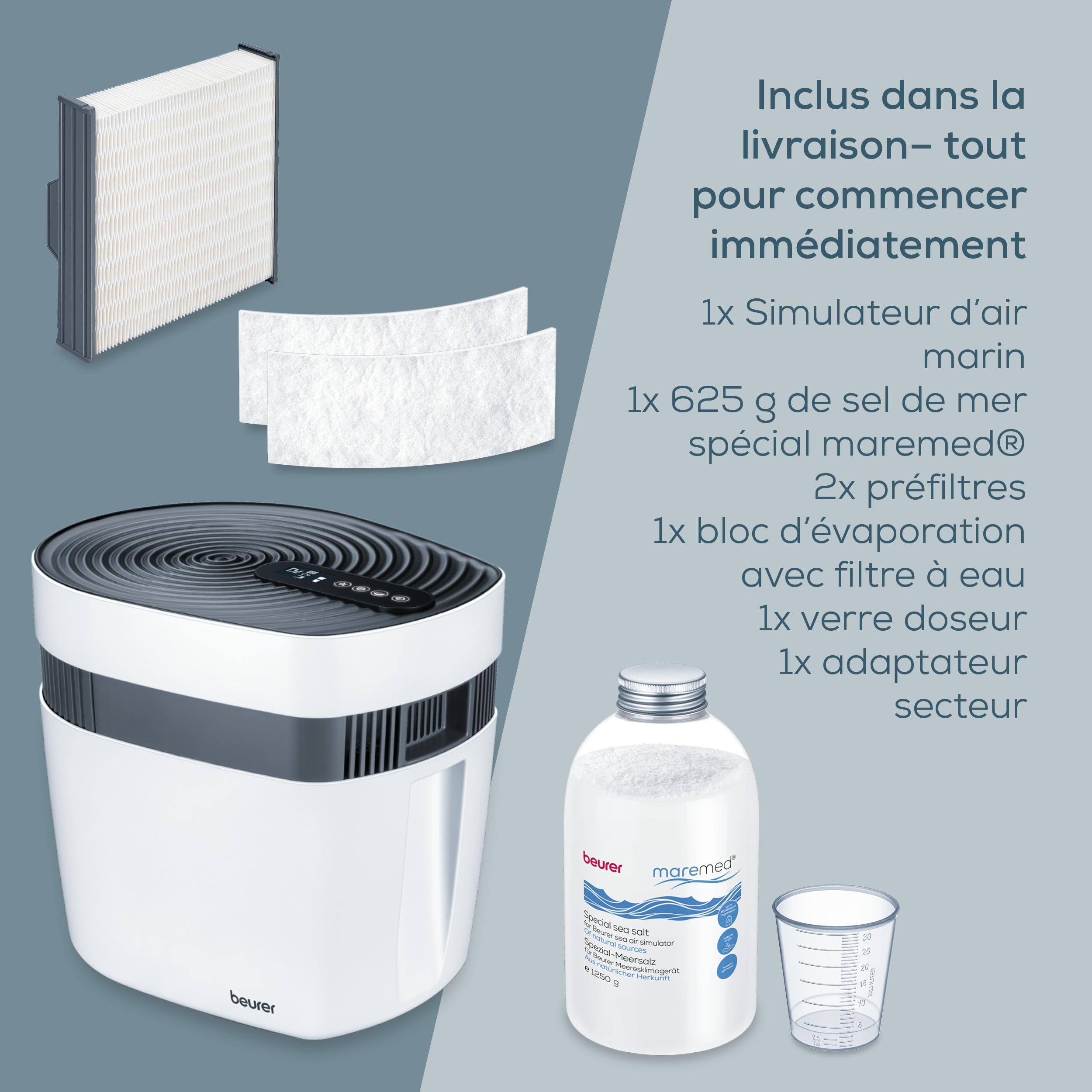Beurer Maremed simulateur d'air marin, humidification et purification de l'air, climat marin identique à la nature, minéralisation au sel marin, filtration des bactéries et des virus