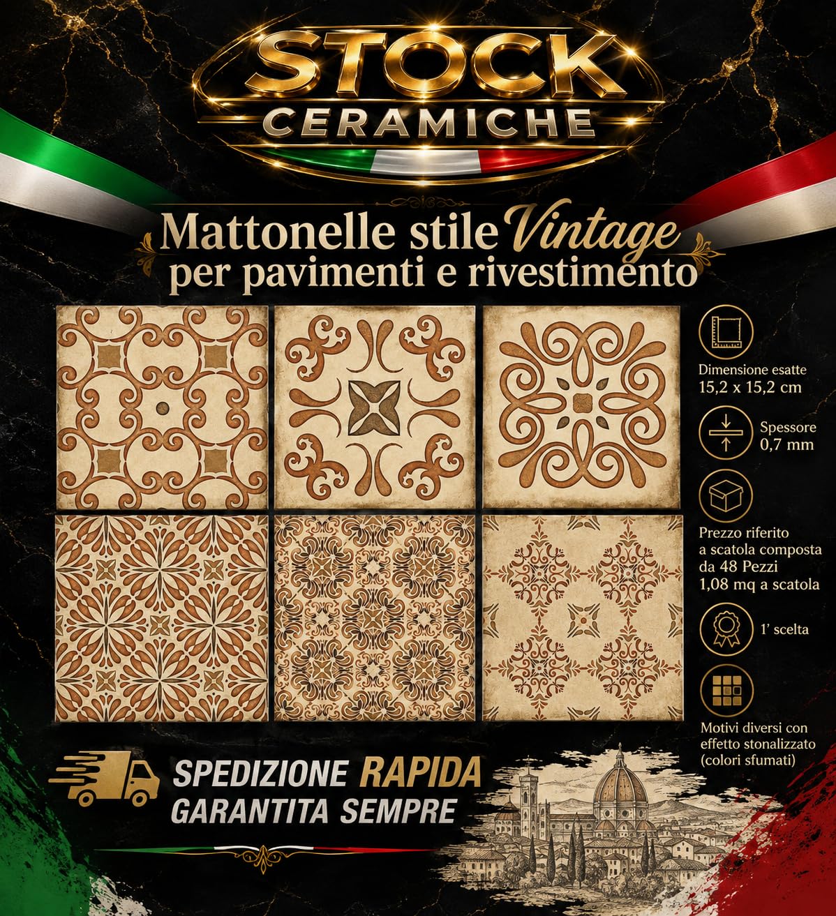 Stock Ceramiche Mattonelle Gres effetto Vintage 15,2x15,2 cm 48 Pz (1 mq)