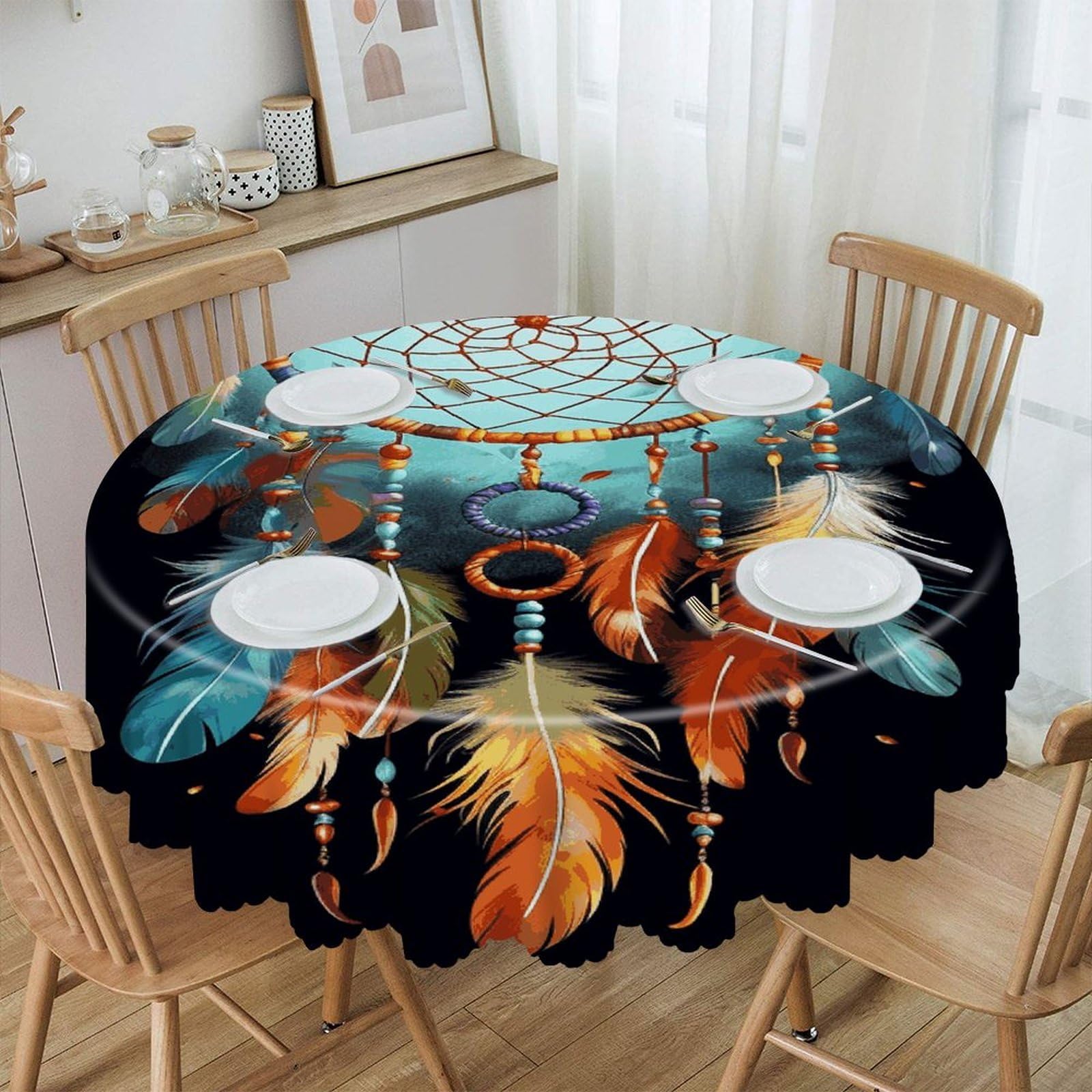 MUSM Feathers Dream Catcher Table Cloths Round Wrinkle Resistant Tablecloths Washable Polyester Table Cover Waterproof Decorative Washable Rustic Circle Tablecover for Kitchen Dining