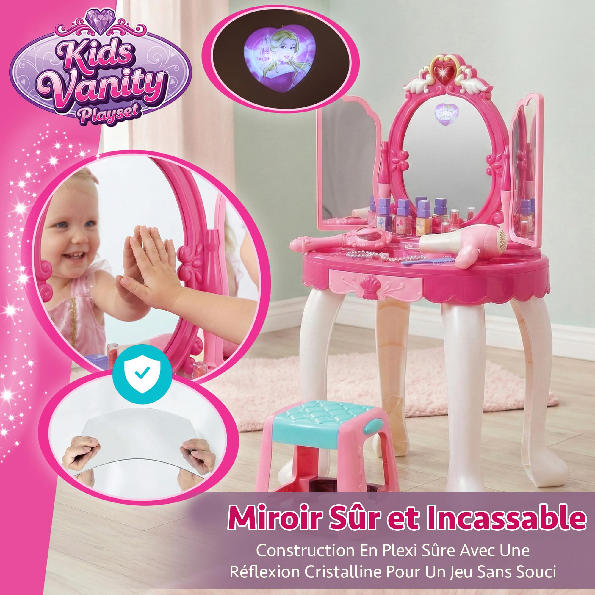Kinderplay Coiffeuse Enfant, Table de Maquillage - Fonction de Lumièreavec Tabouret, lumière et Son, Dimensions Coiffeuse Enfant Fille 50 x 32 x 72 cm, KP8846