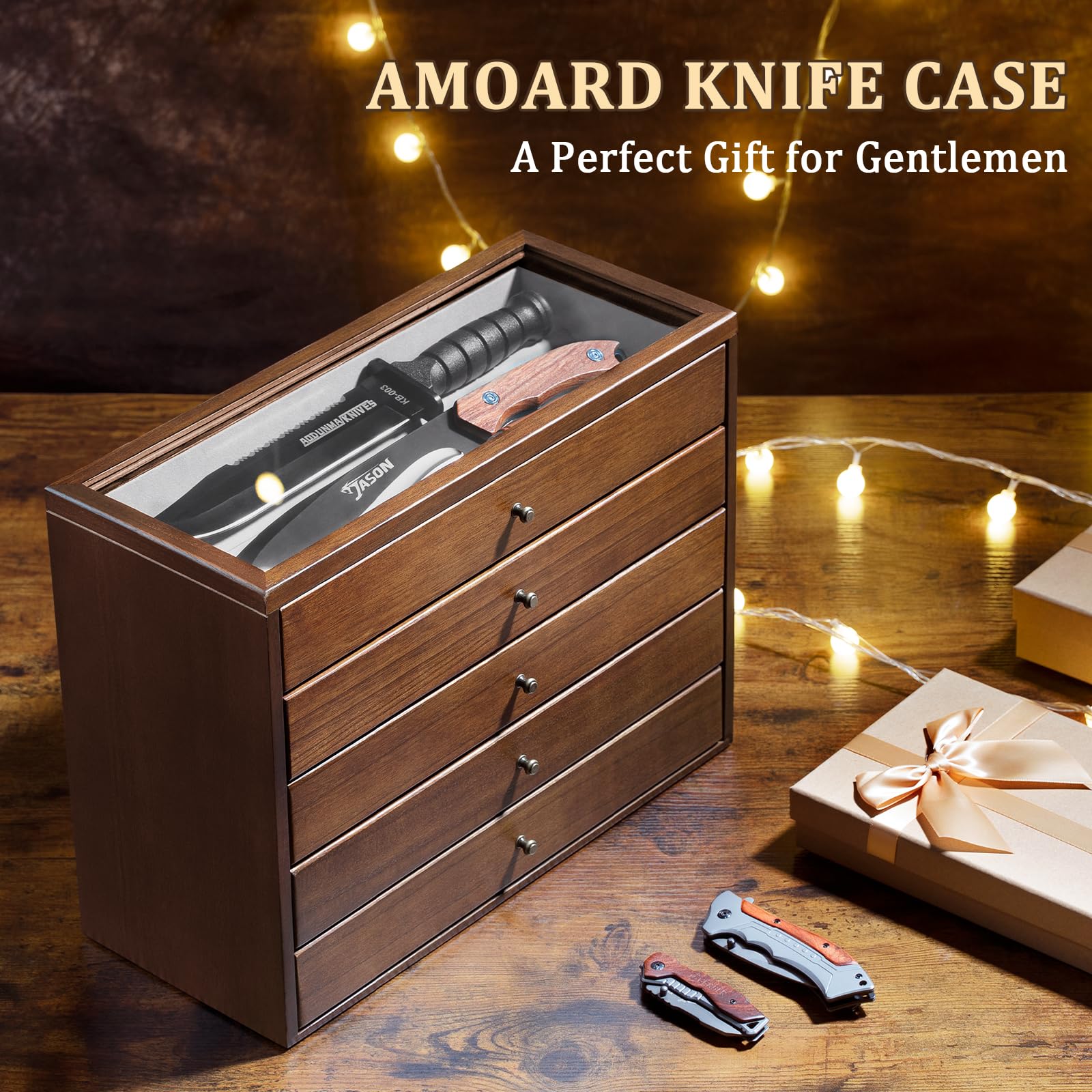 5 Étages Présentoir à Couteaux, Grande Vitrine à Couteaux pour Plusieurs Couteauxs Pliants, Vertical Coffret Poignard avec Tiroir, Support à Couteauxs en Bois pour Collections, Cadeau (Noyer)