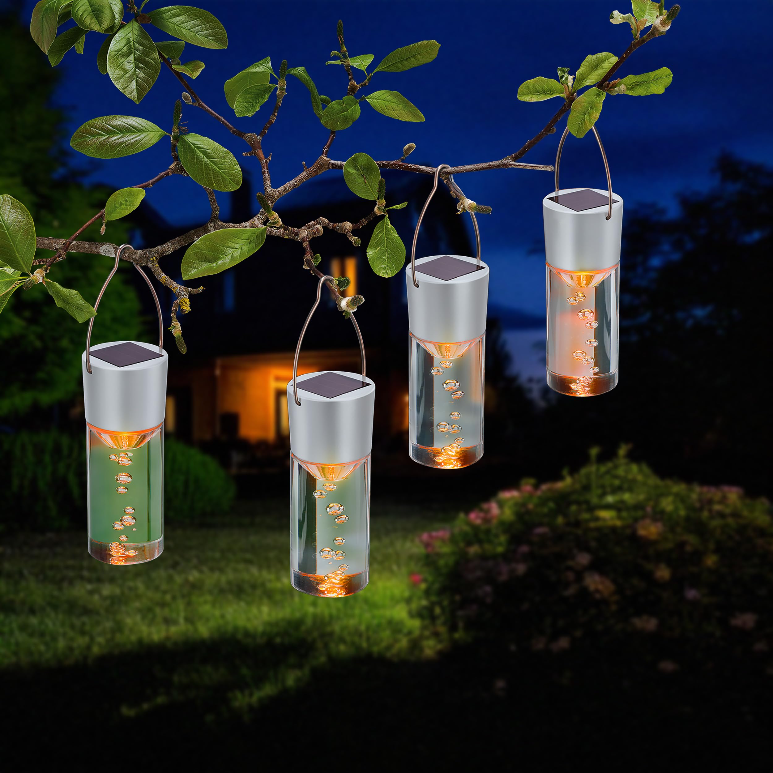 Esotec Solar Hängeleuchten Smart Sticks 4er Set – Bernsteinfarbenes LED Licht 1800K, Solarleuchten für außen wetterfest, Garten Deko Balkon Terrasse 103308
