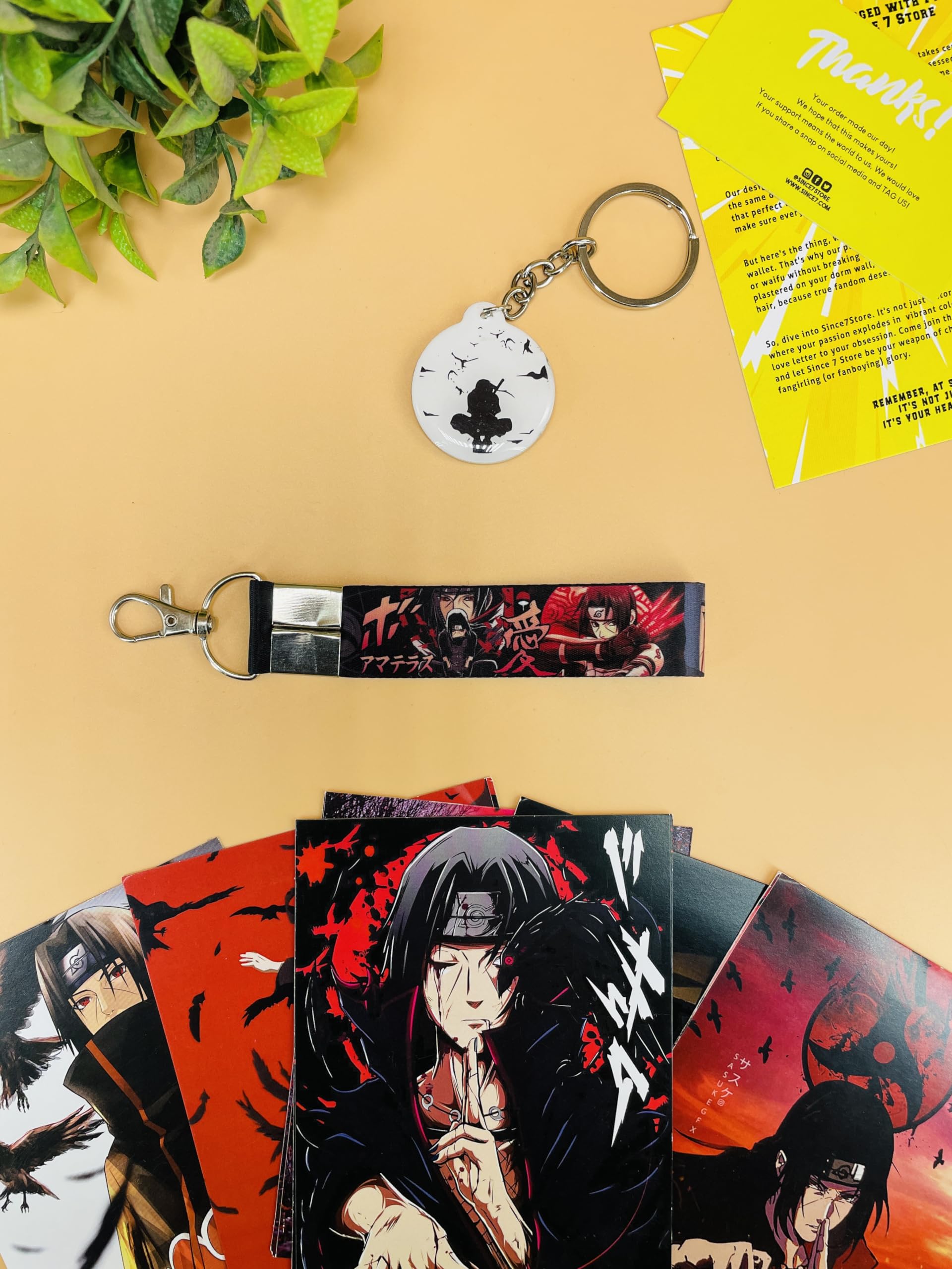 SINCE 7 STORE Itachi Uchiha 3 Item Gift Combo: 9 Self adhesive mini posters, 1 Double Sided Keychain, 1 Key-Tag - Gift For Anime Fans, Wall art, room decor, birthday, Merch