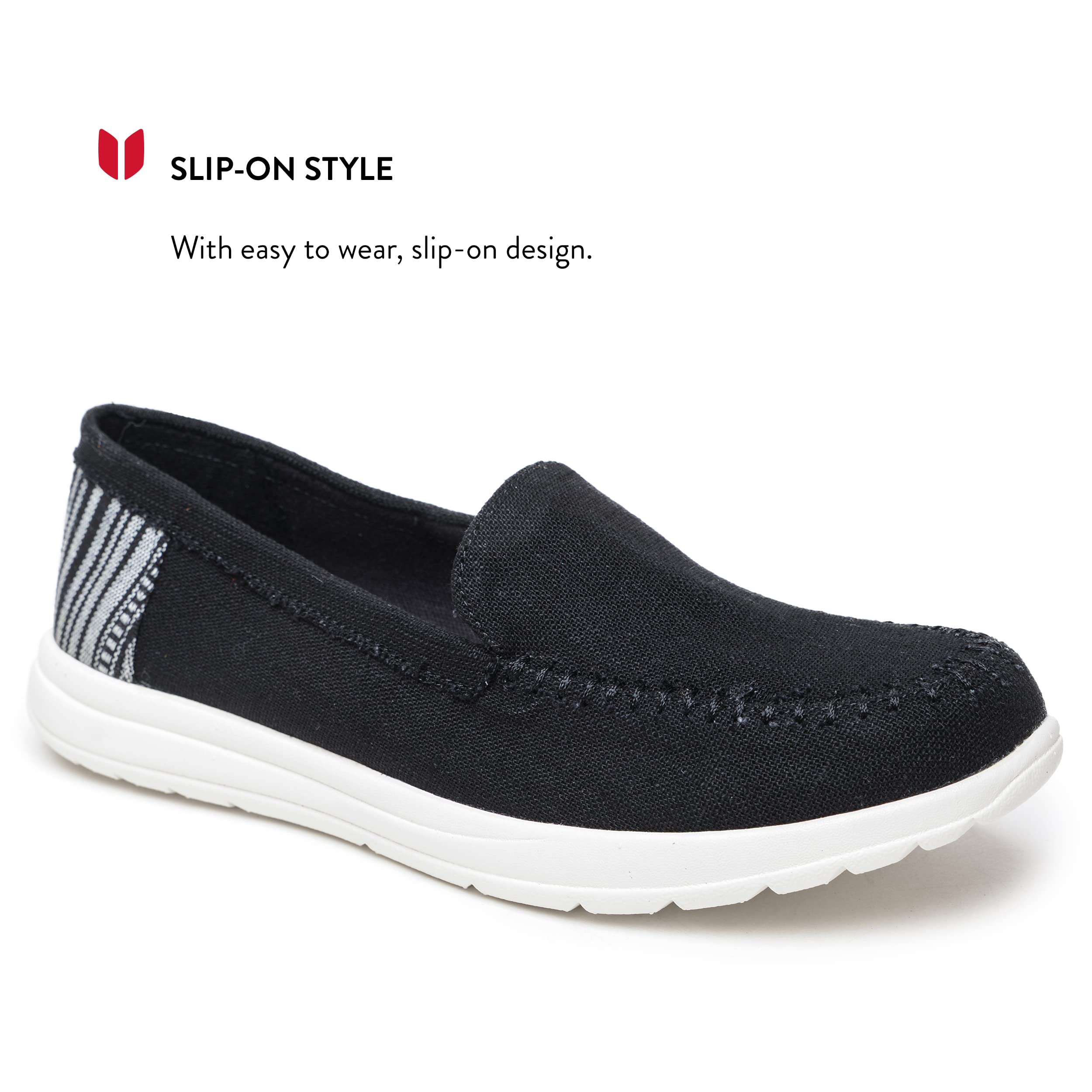 Minnetonka Discover - Zapatillas tejidas para mujer con parte superior de tela, plantilla de espuma viscoelástica, diseño fácil de llevar y suela de goma EVA, perfectas para uso diario casual