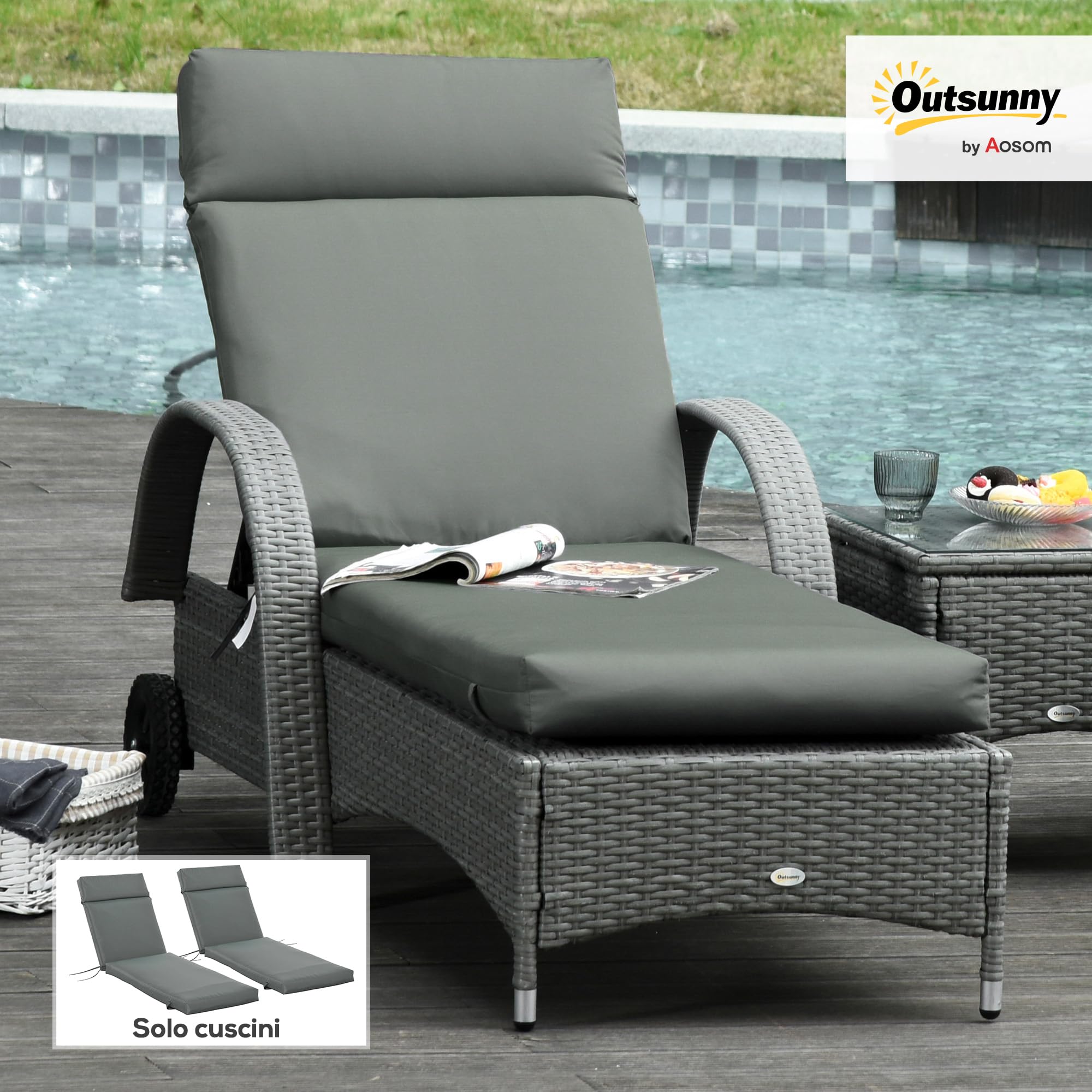 Outsunny Set 2 Cuscini per Sedie da Esterno con Cinghie, Cuscini da Esterno Imbottito in Cotone e Poliestere, per Sdraio Prendisole Poltrona Giardino, 196x55x8 cm, Grigio Scuro