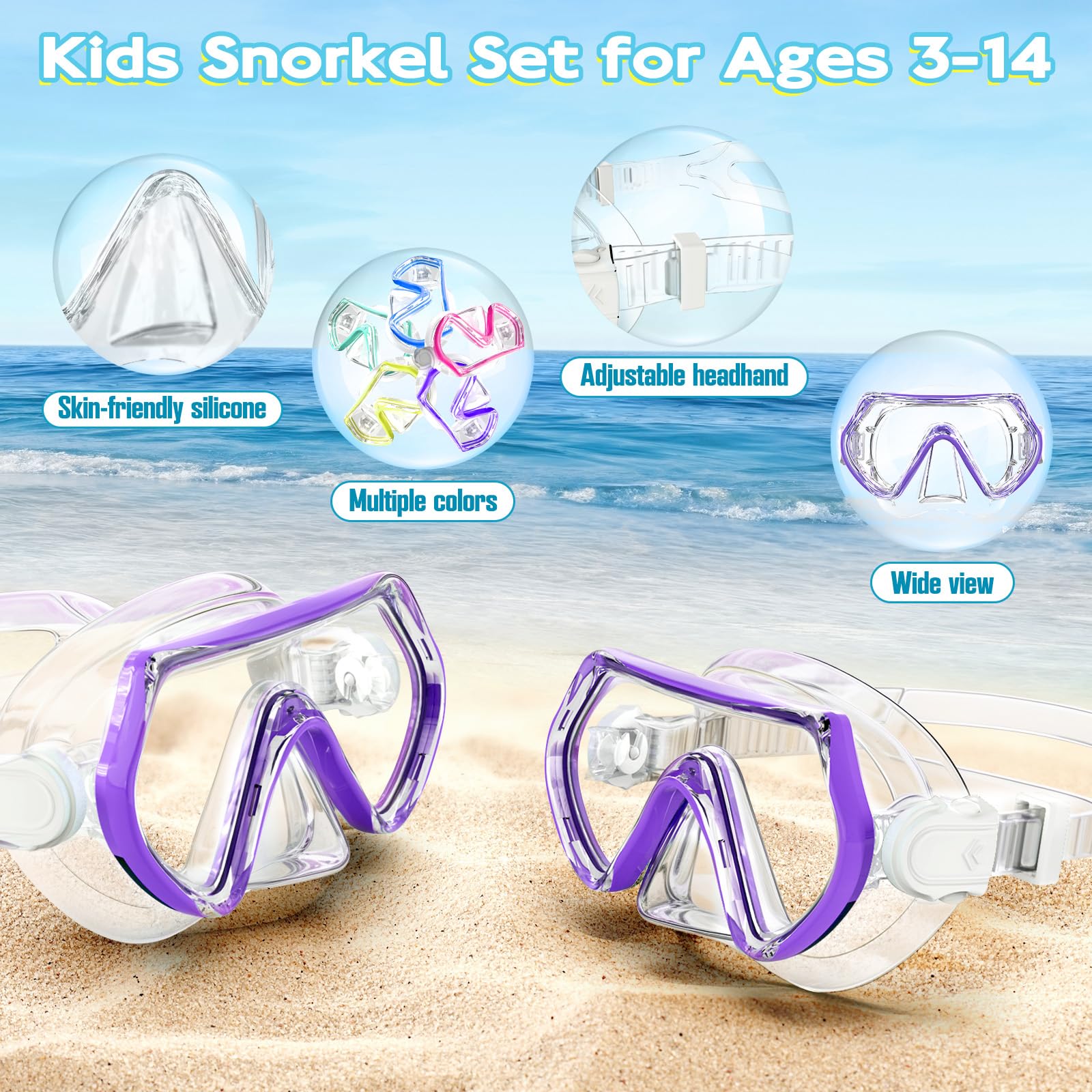 Set di snorkeling per bambini, occhiali da nuoto unisex per bambini, maschera anti-appannamento e boccaglio asciutto per bambini dai 3 ai 14 anni (viola)