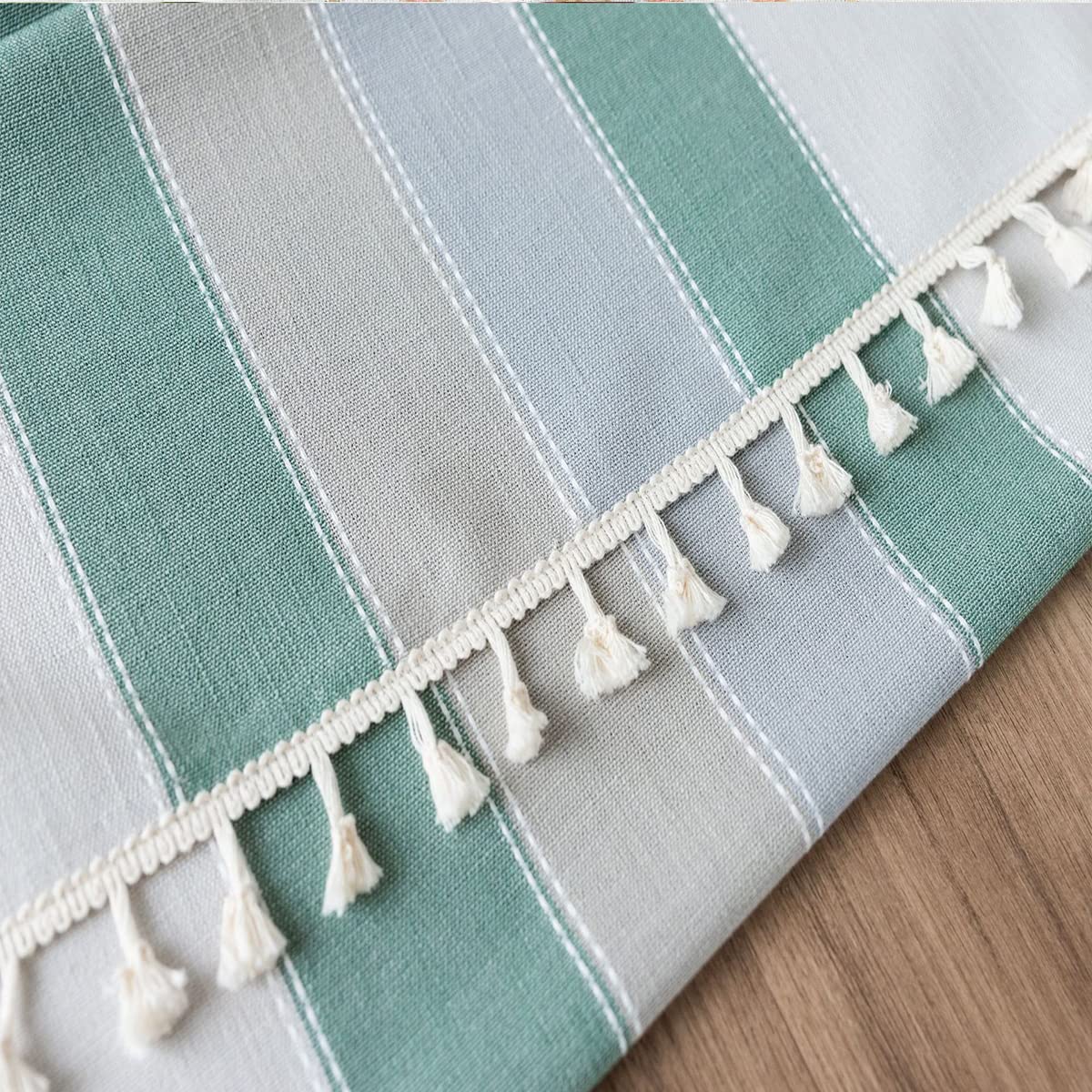 Mantel de tela con borlas, 100% algodón natural, cuadrado de lino para cocina, restaurante, lavable a máquina, mantel a rayas, azul de 55 x 142 pulgadas