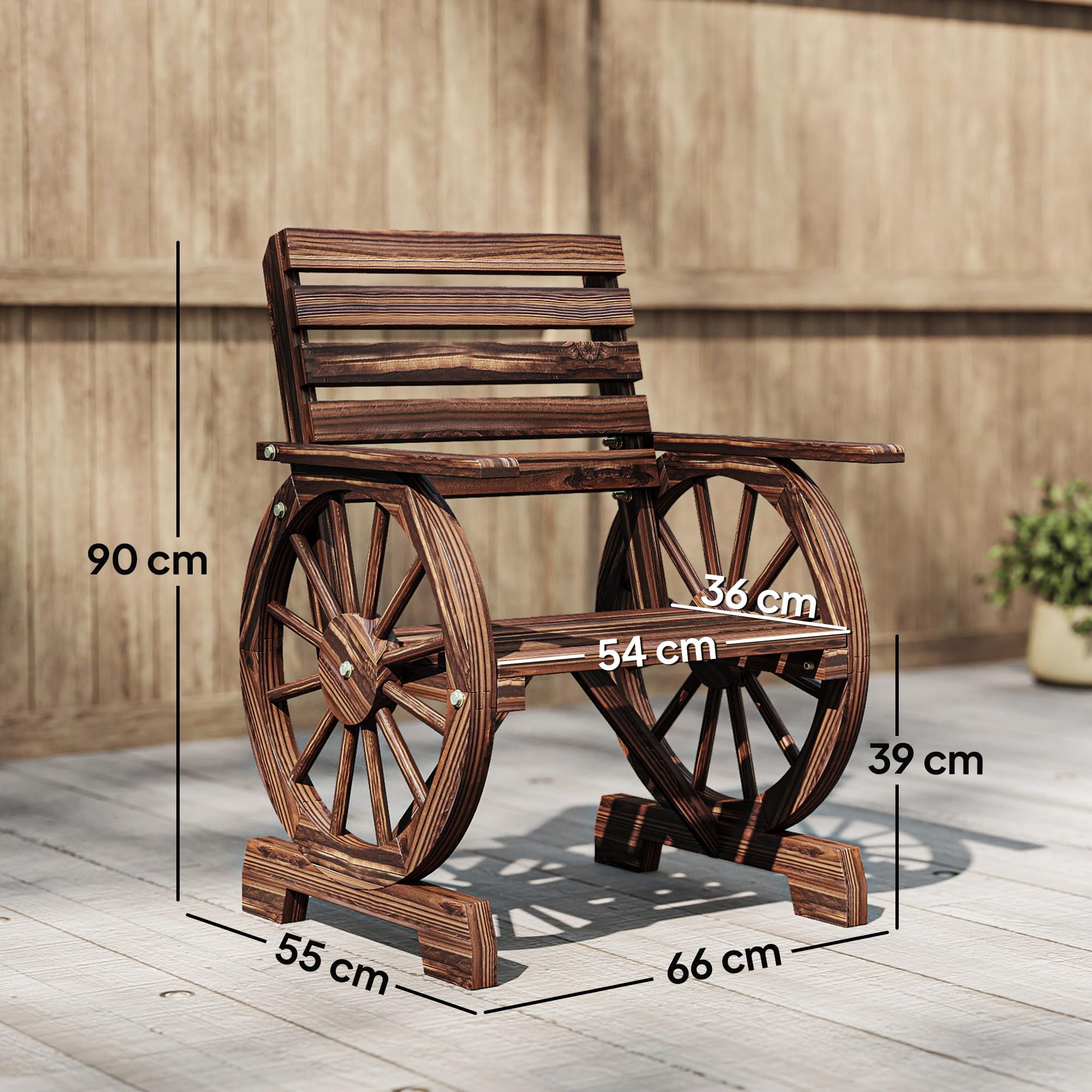 Outsunny Chaise de Jardin en Bois, Fauteuil de Terrasse Style Roue de Chariot, Accoudoirs, Siège Large à Lattes et Dossier Incliné, Chaised'Extérieur pour Terrasse Balcon Patior, Finition Carbonisée