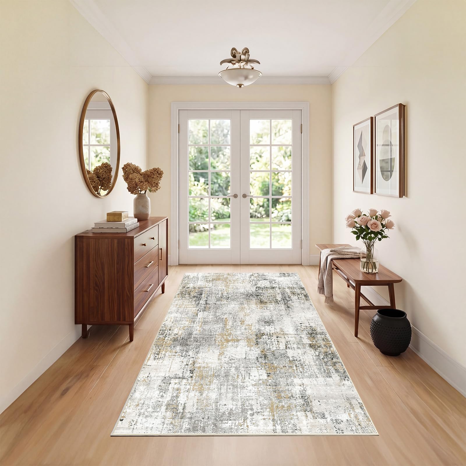 Autsel Living Room Rugs 80x150cm, Small Washable Rug, Non Slip Low Pile Area Rugs, Abstract Rug, Multi-use Durable Floor Carpet for Bedroom, Kitchen, Runner Rugs for Hallway, Grey/Beige