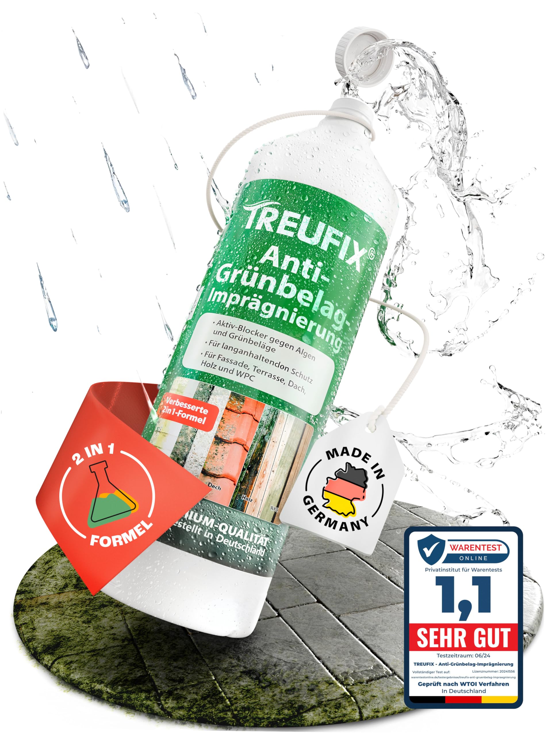 Treufix - Anti-Grünbelag Imprägnierung | Steinimprägnierung [2in1-Formel] 1L für ca. 20 – 30m² zum dauerhaften Schutz vor Algen, Grünbelag, Grünspan, Flechten und Pilzen | Made in DE