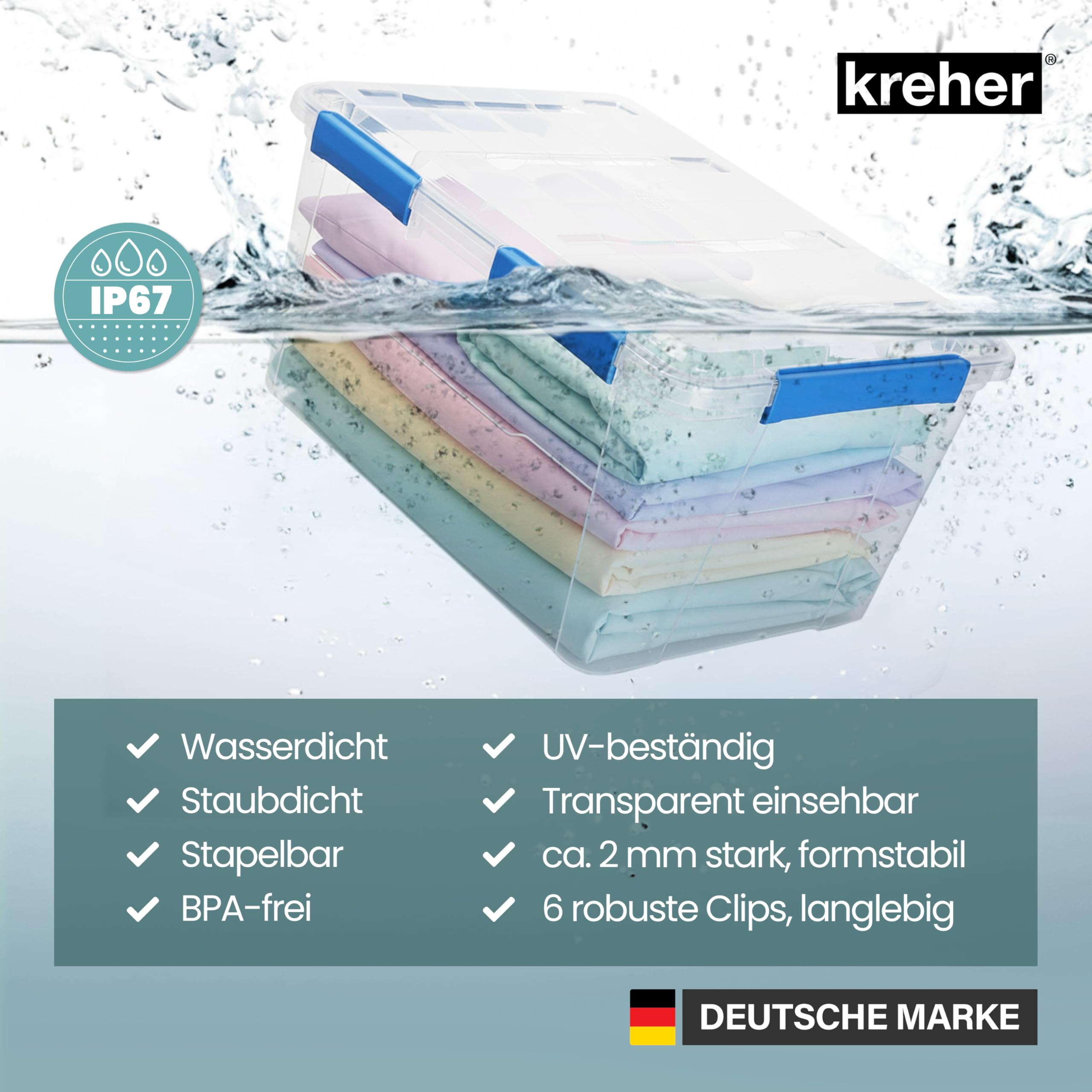 Kreher® Aufbewahrungsbox 75 Liter mit Deckel – wasserdicht & staubdicht, transparent & stapelbar, BPA- & schadstofffrei, robuste Kunststoffbox mit Silikondichtung & 6 Clips (2)