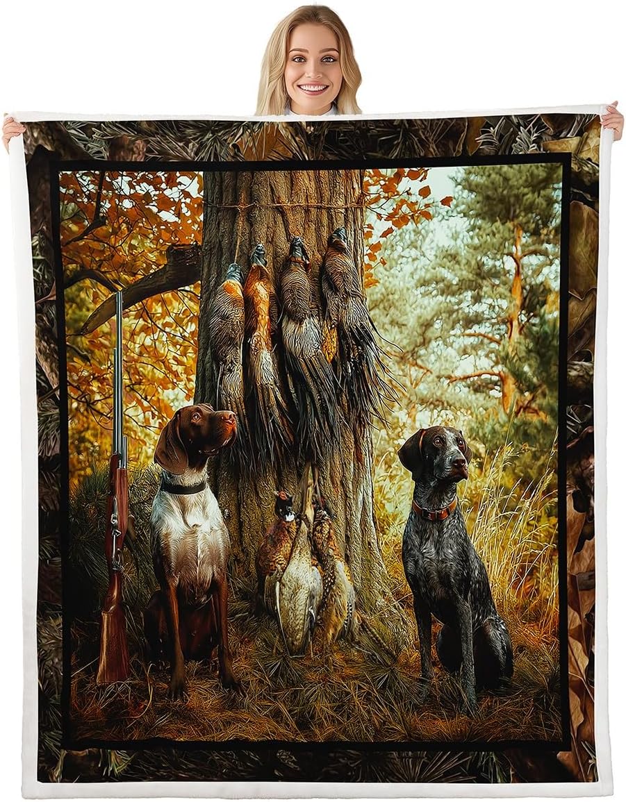 Erosebridal Pheasant Hunting Blanket Queen 90"x90" Black Dog Throw Blanket Boho Farmhouse Wild Animals Sherpa Blanket Woodland Leaves Hunter Gun Room Decor Fuzzy Blanket for Men Boys Adults Kid