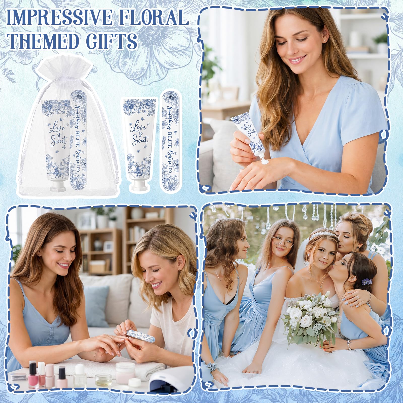 Landhoow 24 Sets Something Blue Before I Do, Brautparty, Handcreme, Nagelfeile, Geschenk, Großpackung, Blau, Blumenmuster, Hochzeitsgeschenke für Gäste, Reisegröße, Dankeschön, Geschenk, Brautparty
