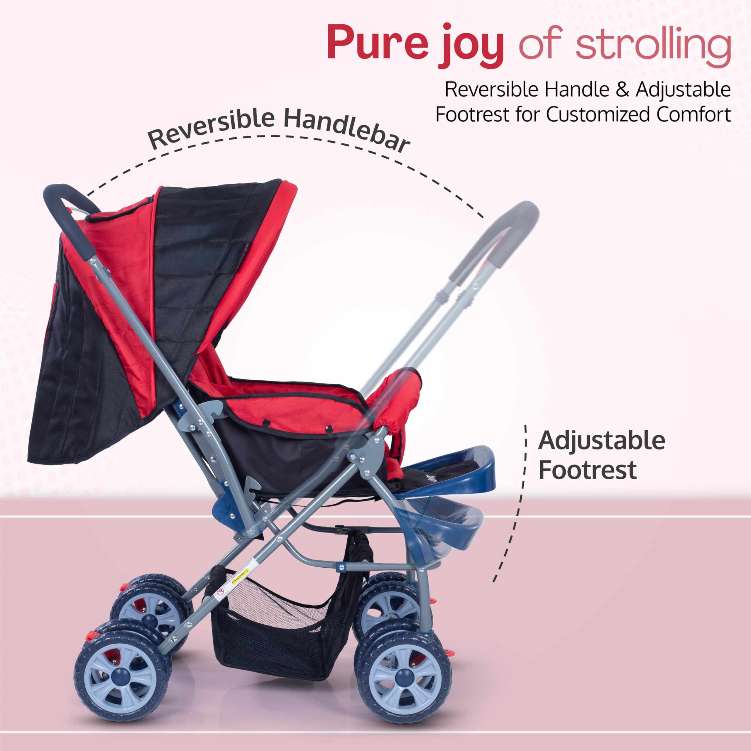LuvLap Starshine Baby Stroller/Pram for 0 to 3 Years, New Born/Toddler/Kid, Lightweight, Adjustable backrest, 360° Swivel Wheel, Large Storage Basket, Reversible Handlebar (Red)