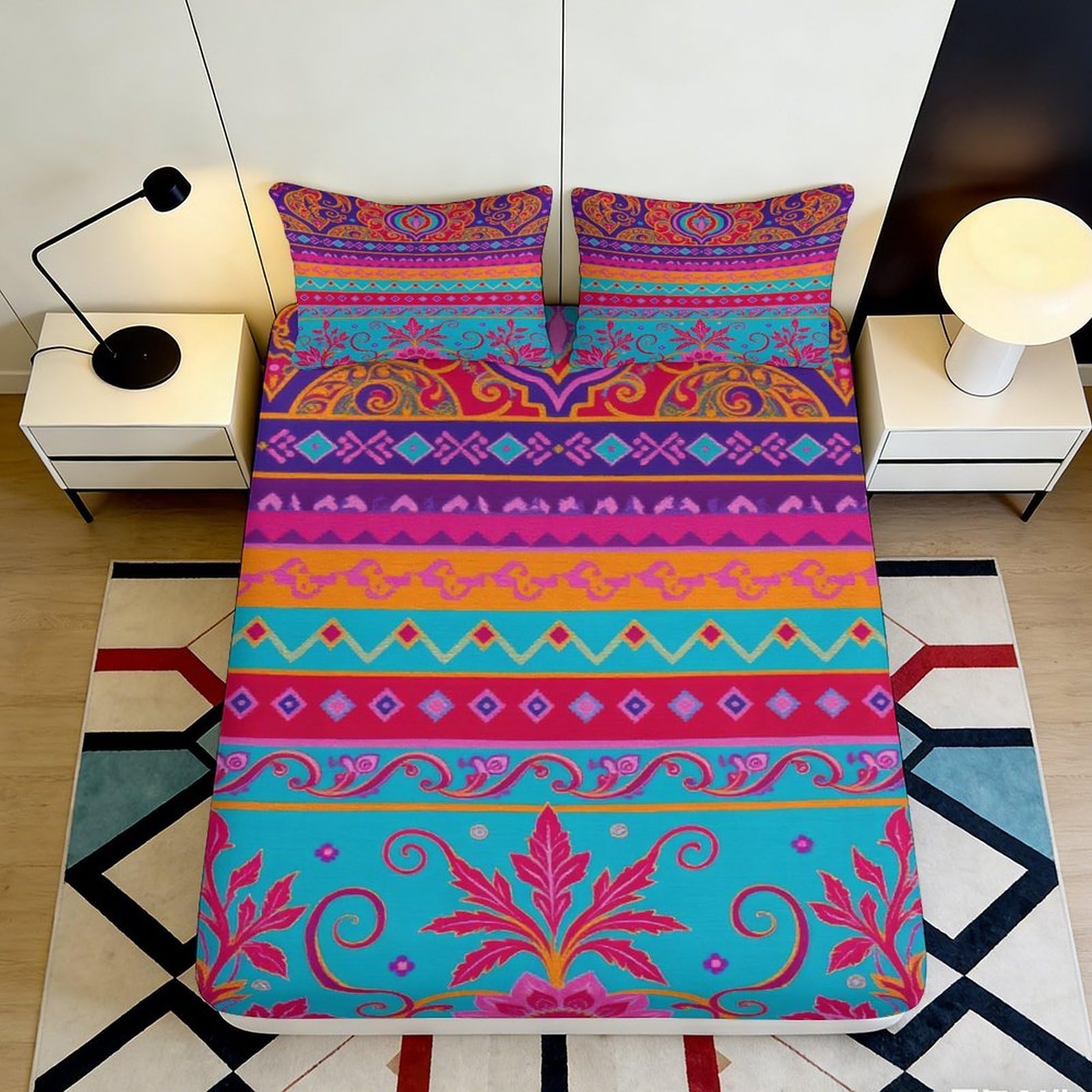 3D Printed Colorful Ethnic Pattern Fitted Sheet Microfiber Durable Vibrant Printed Bed Cover for Bedroom Dormitory Guest Room Mattress Protection 140x200x25cm