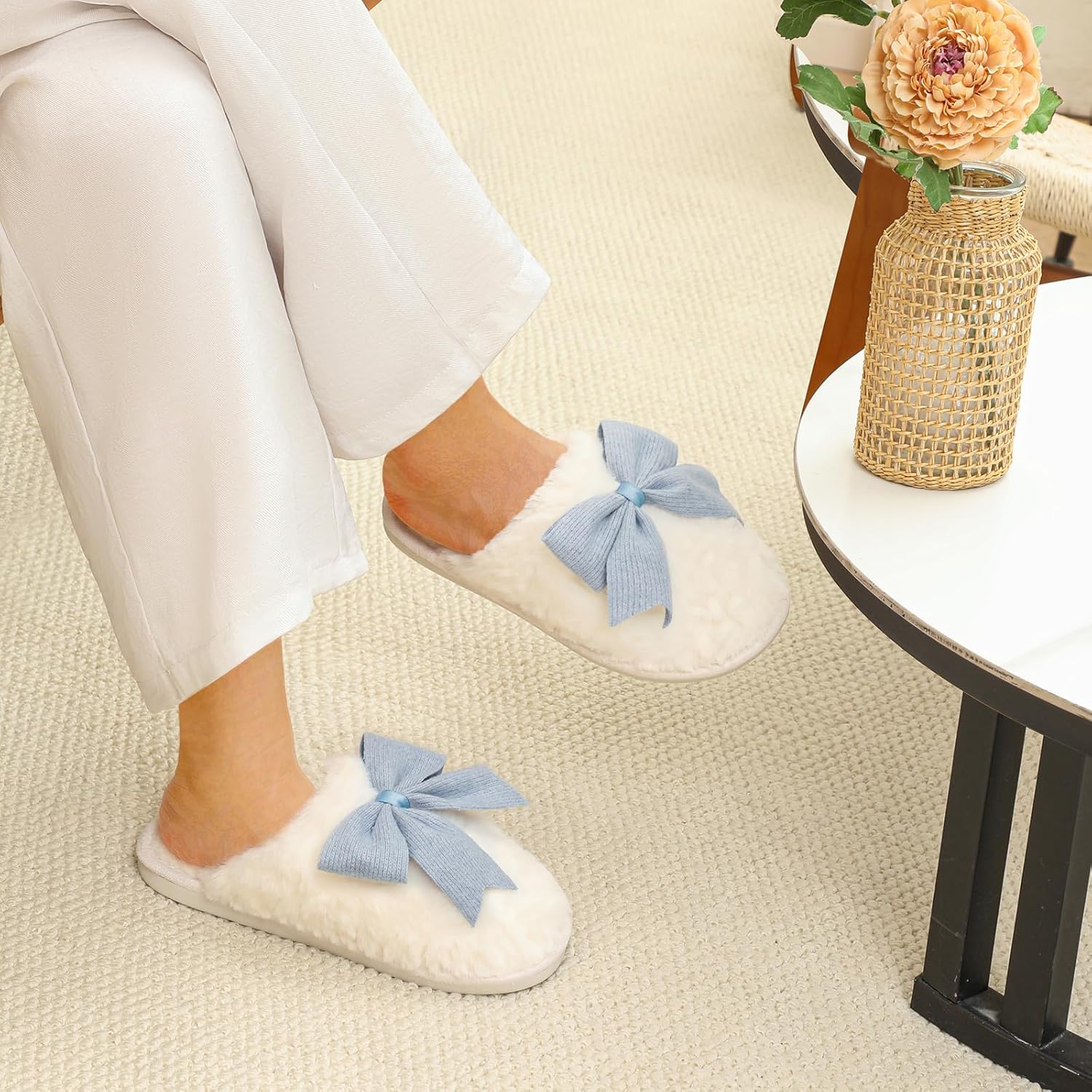 Women's Cute Bow Slippers Cartoon House Fur Shoes Cozy Indoor Momory Foam Outdoor - Image 3